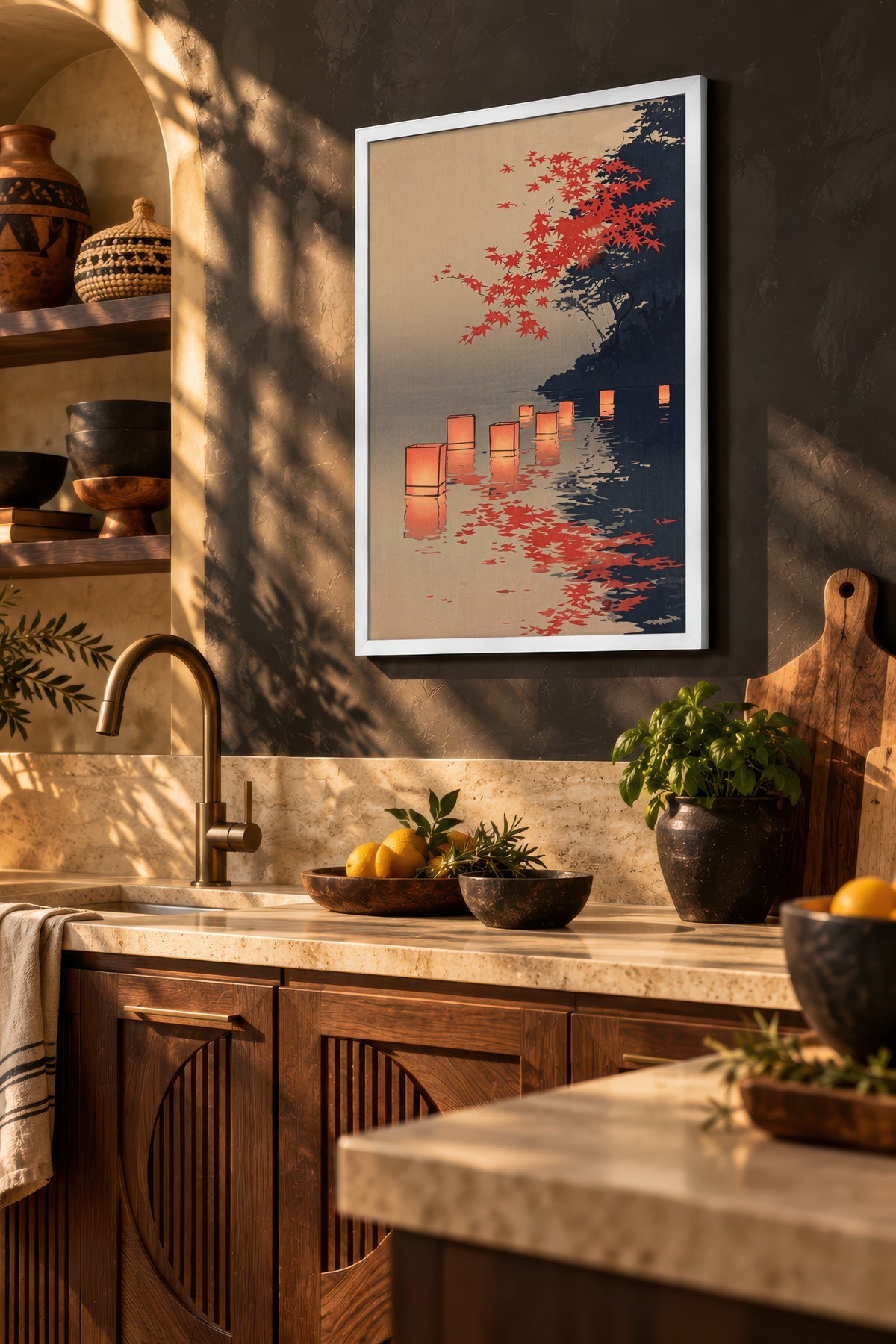 Su Üzerinde Işıklı Fenerler Poster – Beyaz Çerçeveli Tablo