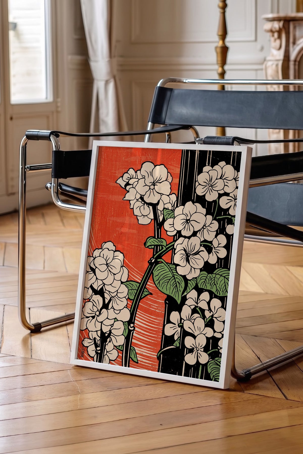 Kırmızı Zeminde Çiçek Dalları Poster – Beyaz Çerçeveli Tablo
