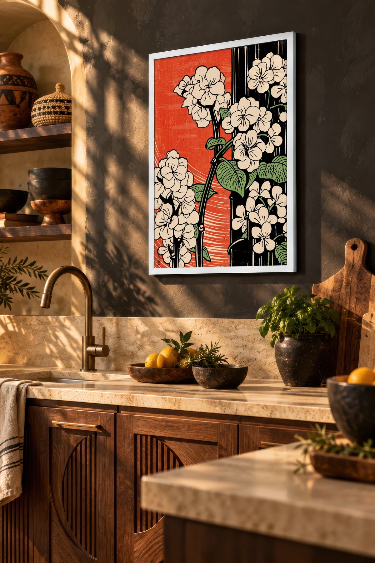 Kırmızı Zeminde Çiçek Dalları Poster – Beyaz Çerçeveli Tablo