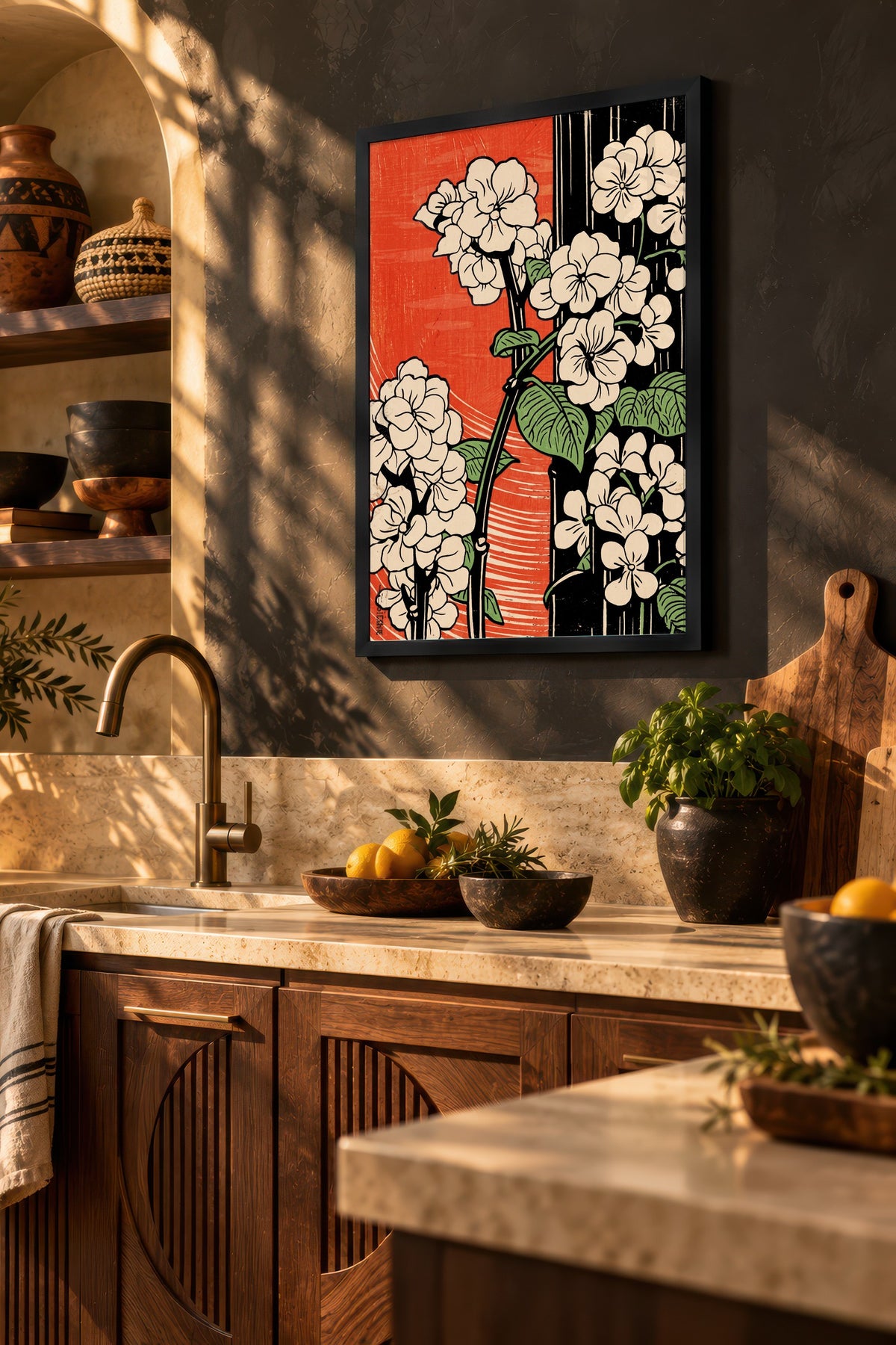 Kırmızı Zeminde Çiçek Dalları Poster – Siyah Çerçeveli Tablo