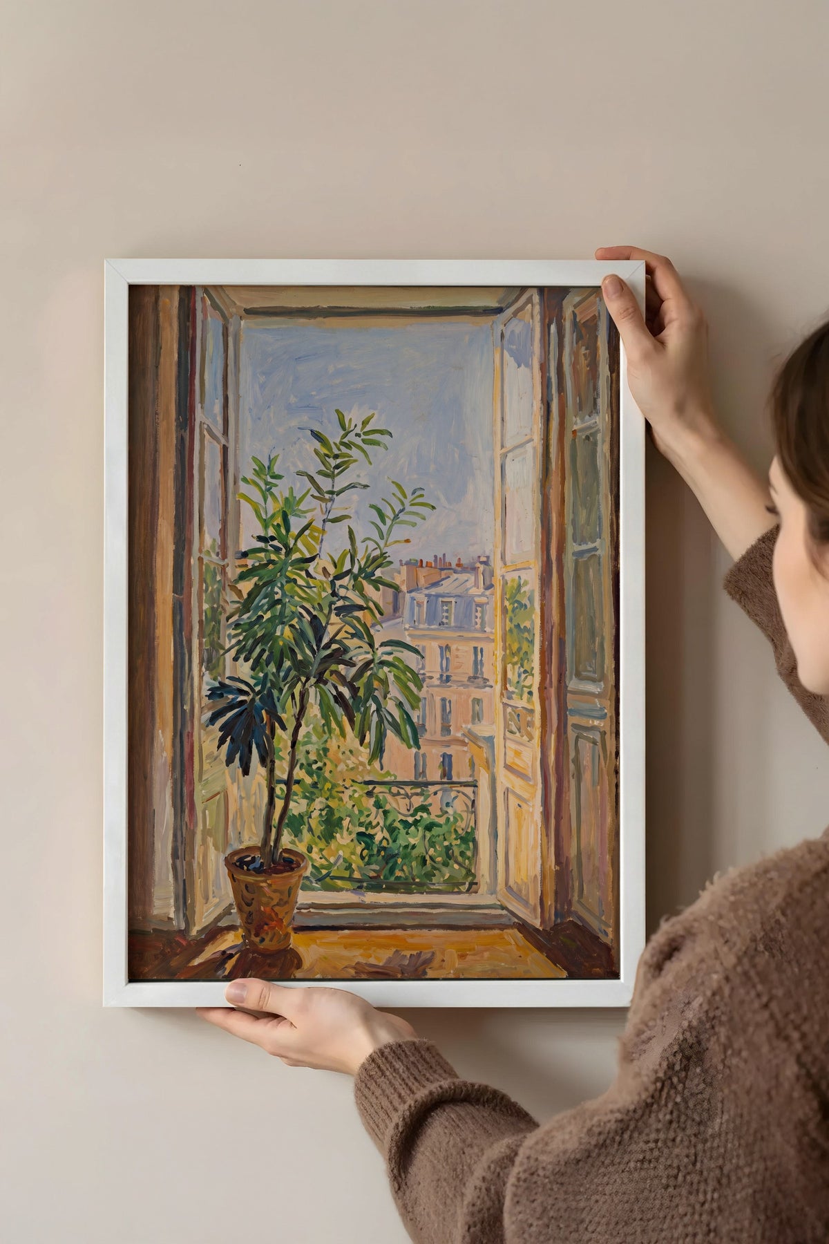 Açık Pencereden Şehir Manzarası Poster – Beyaz Çerçeveli Tablo