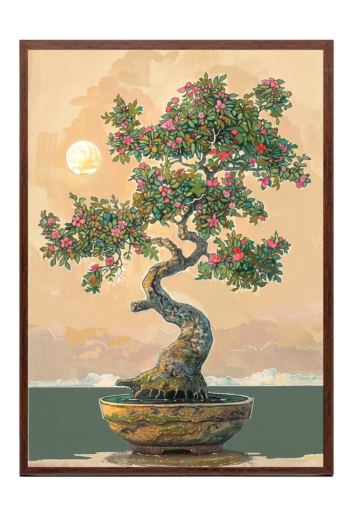 Ay Işığında Bonsai Poster – Kahverengi Çerçeveli Tablo