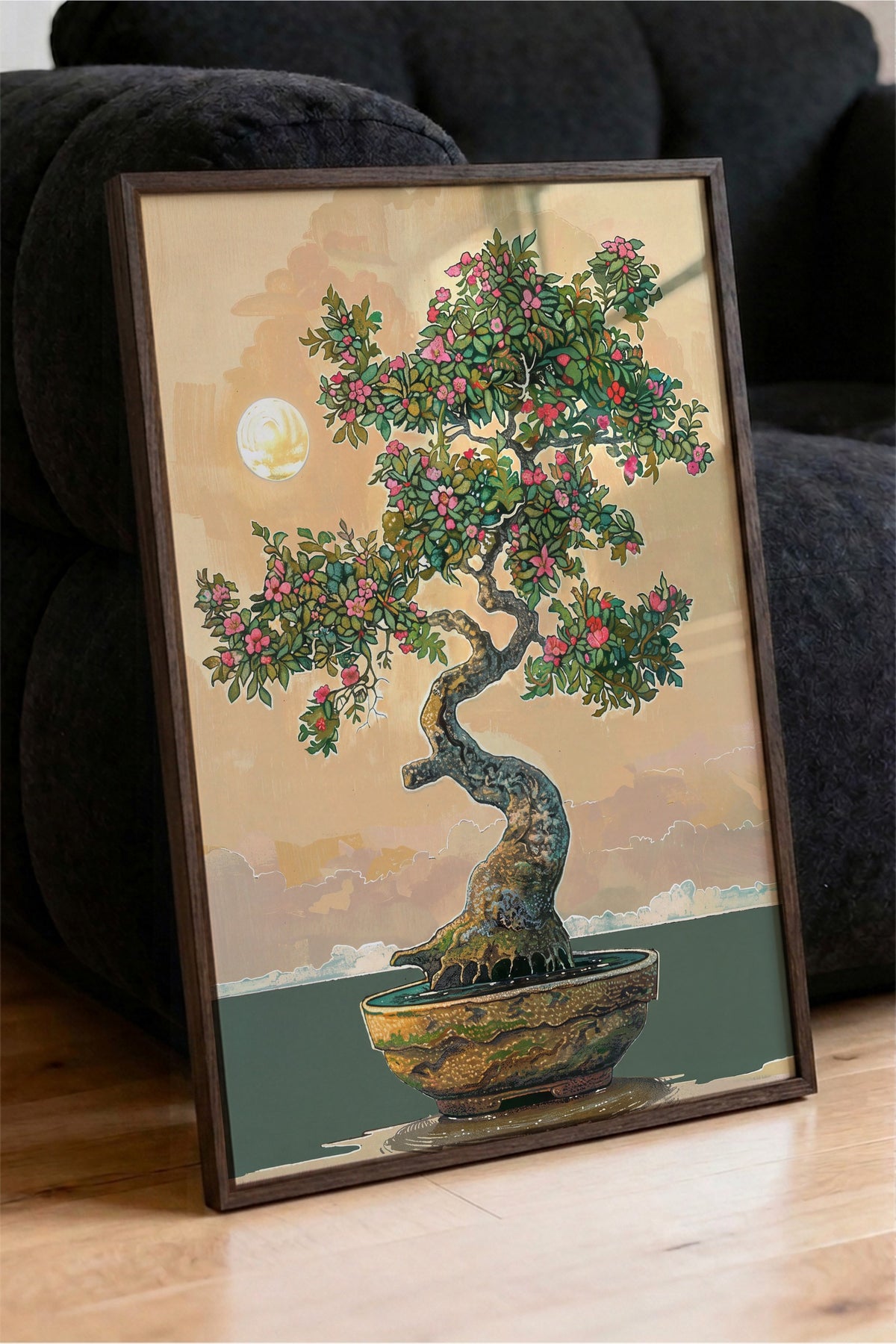Ay Işığında Bonsai Poster – Kahverengi Çerçeveli Tablo