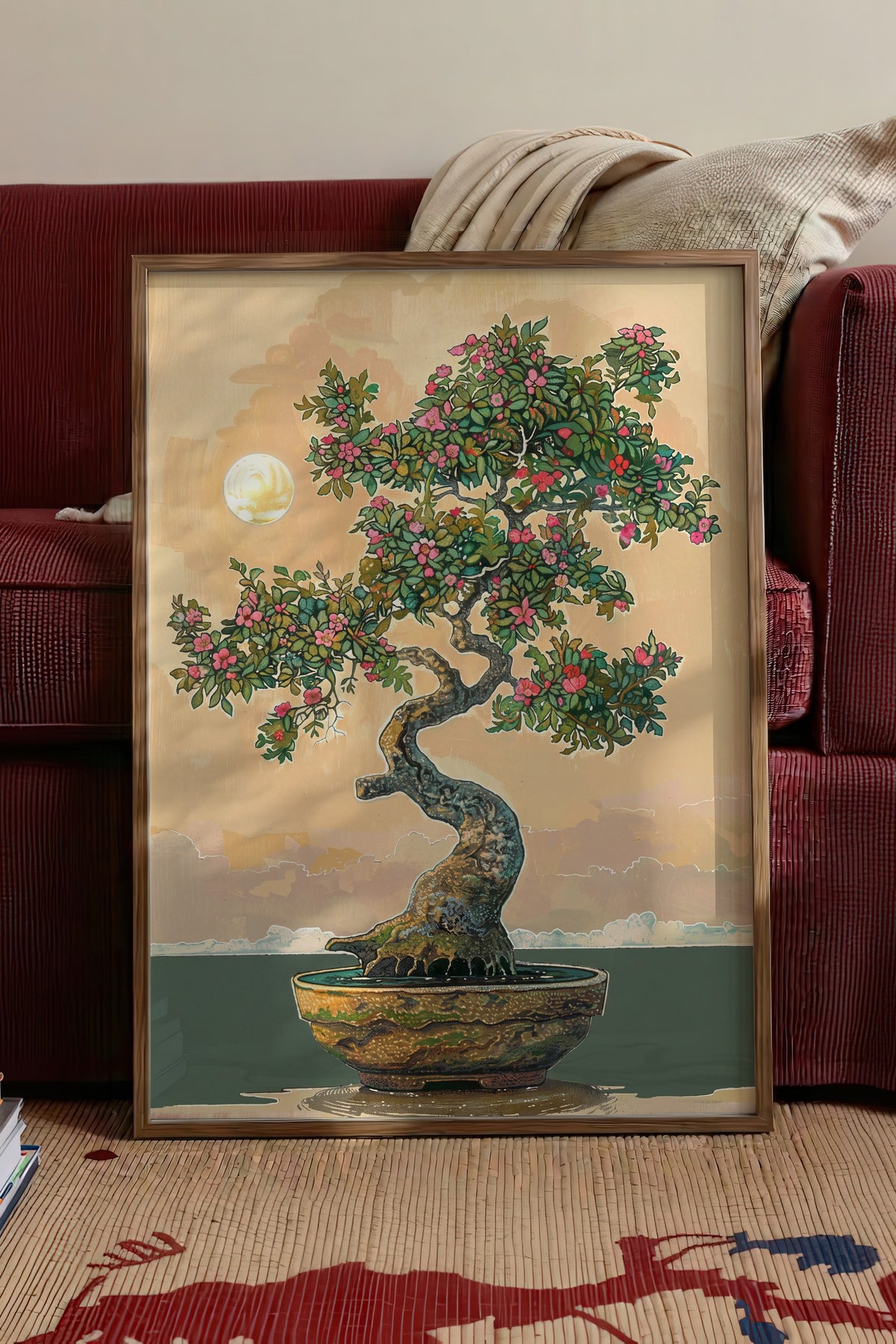 Ay Işığında Bonsai Poster – Kahverengi Çerçeveli Tablo