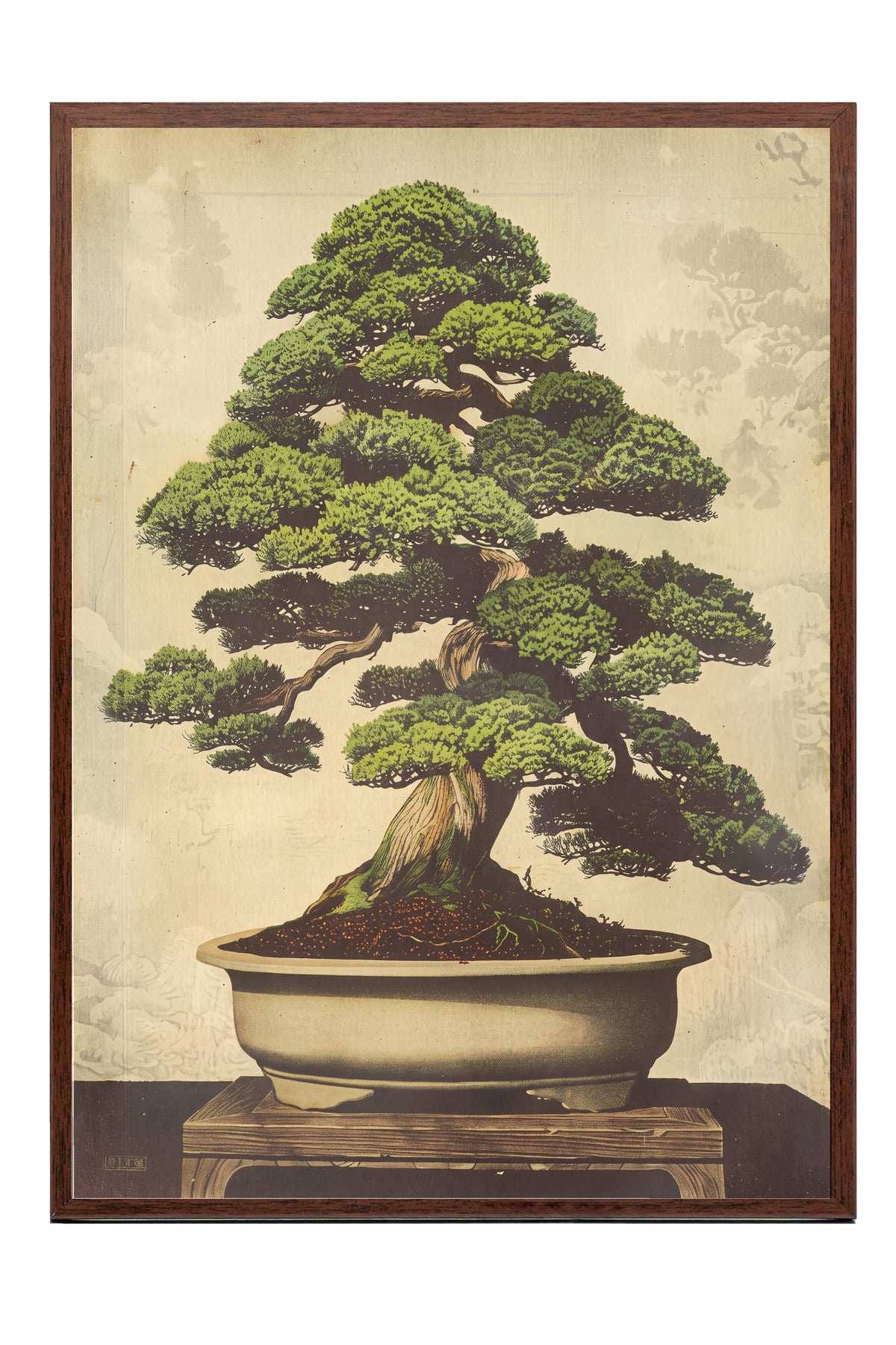 Geleneksel Çam Bonsai Sanatı Poster – Kahverengi Çerçeveli Tablo
