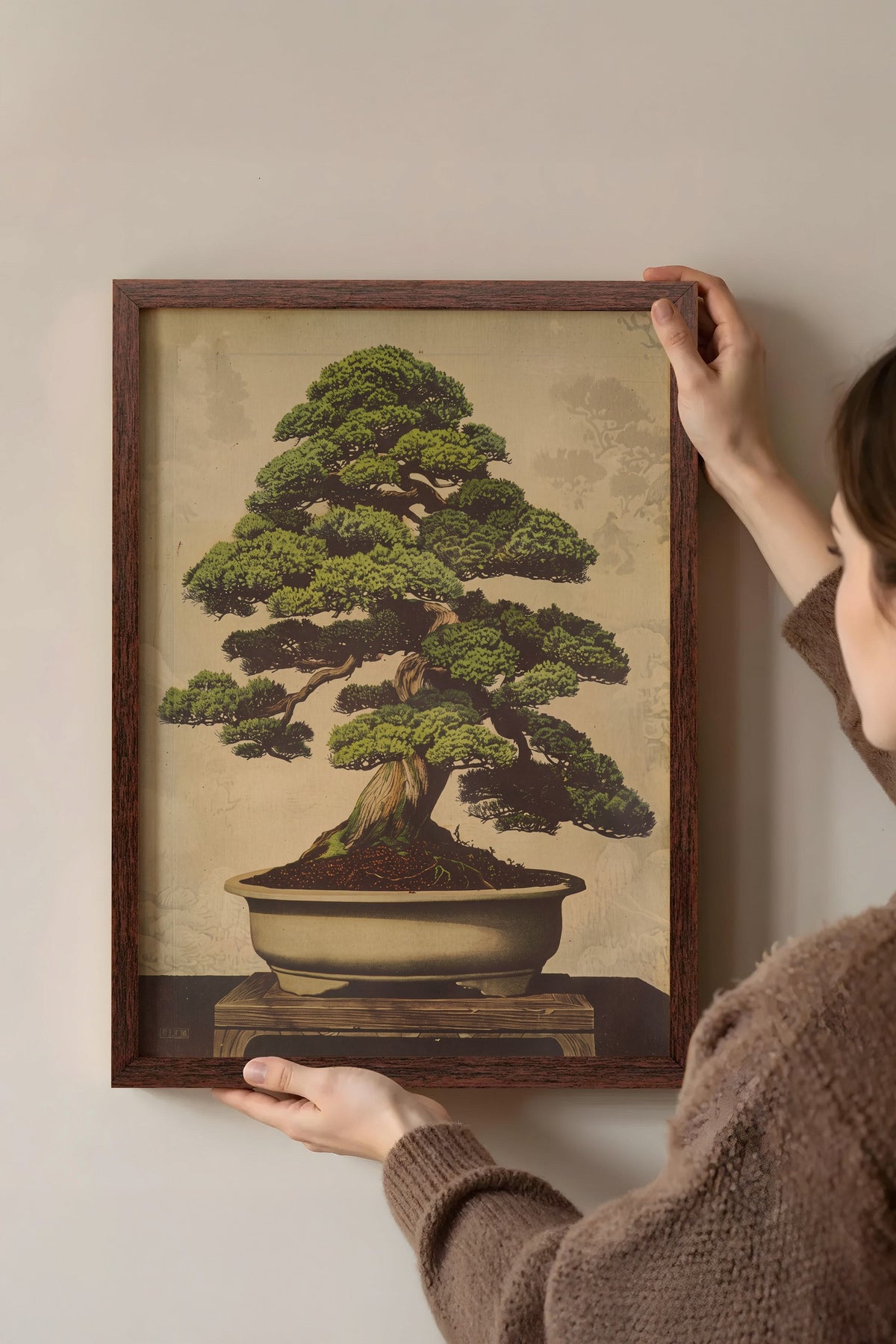 Geleneksel Çam Bonsai Sanatı Poster – Kahverengi Çerçeveli Tablo