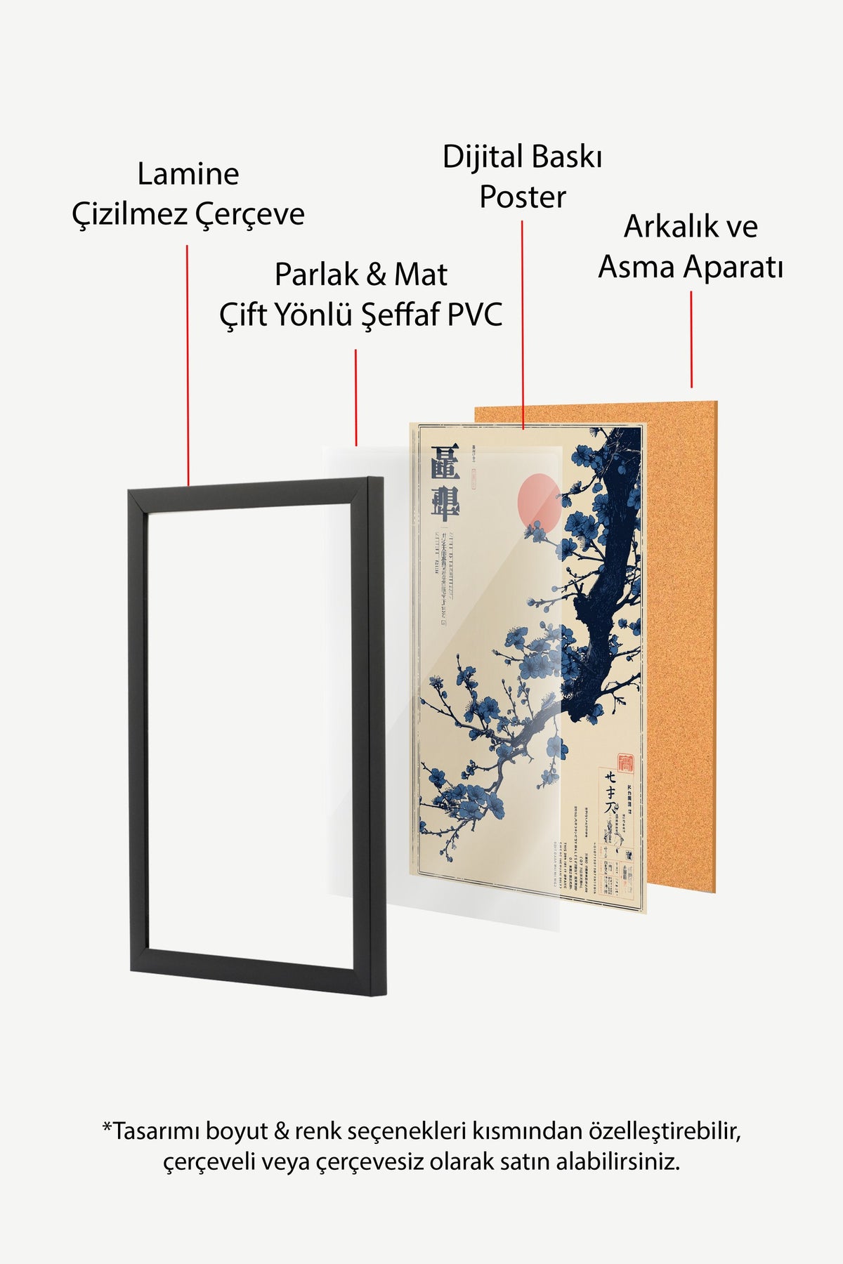 Kırmızı Güneşli Erik Çiçeği Dalı Poster – Siyah Çerçeveli Tablo