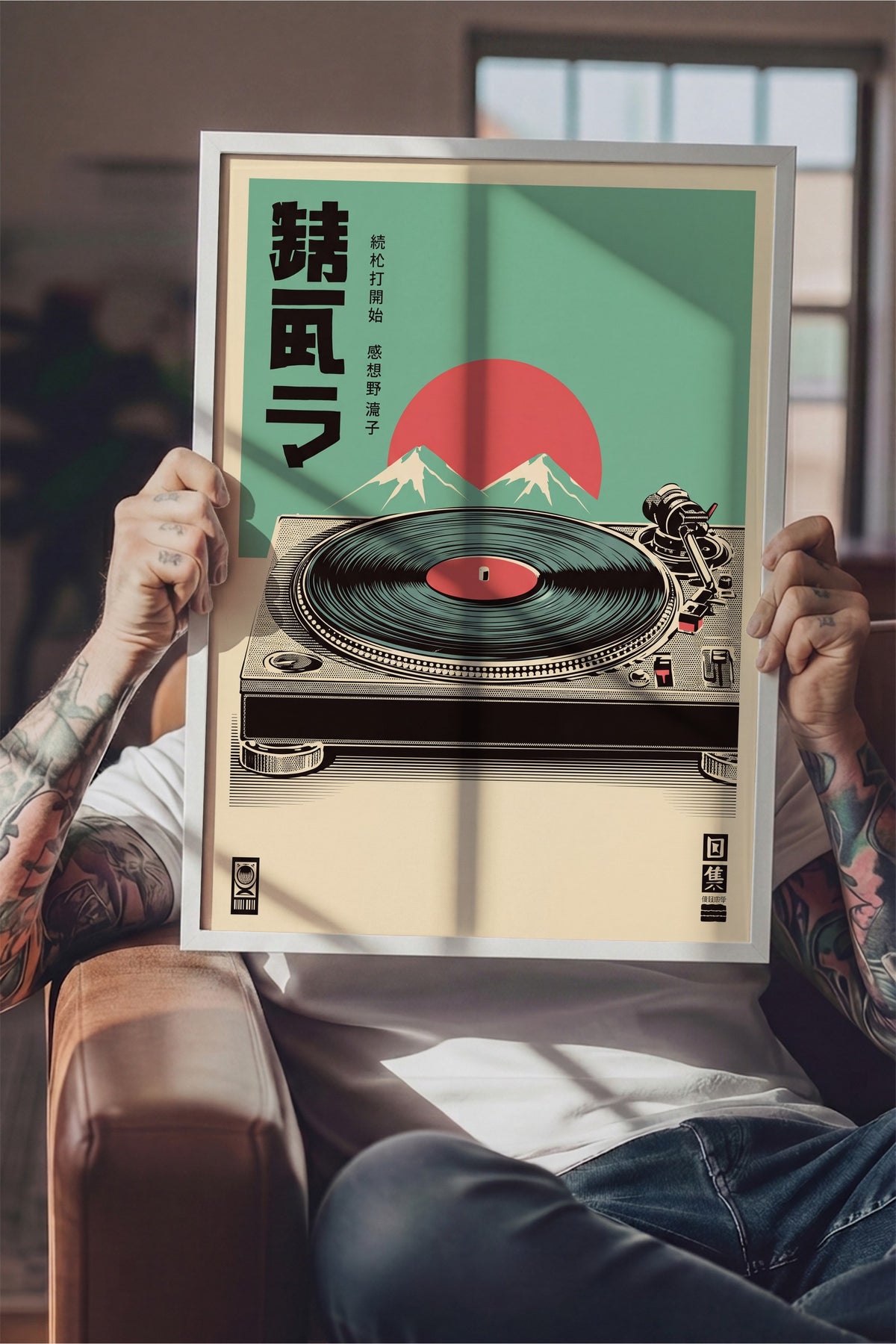 Retro Pikap ve Fuji Dağı Manzarası Poster – Beyaz Çerçeveli Tablo