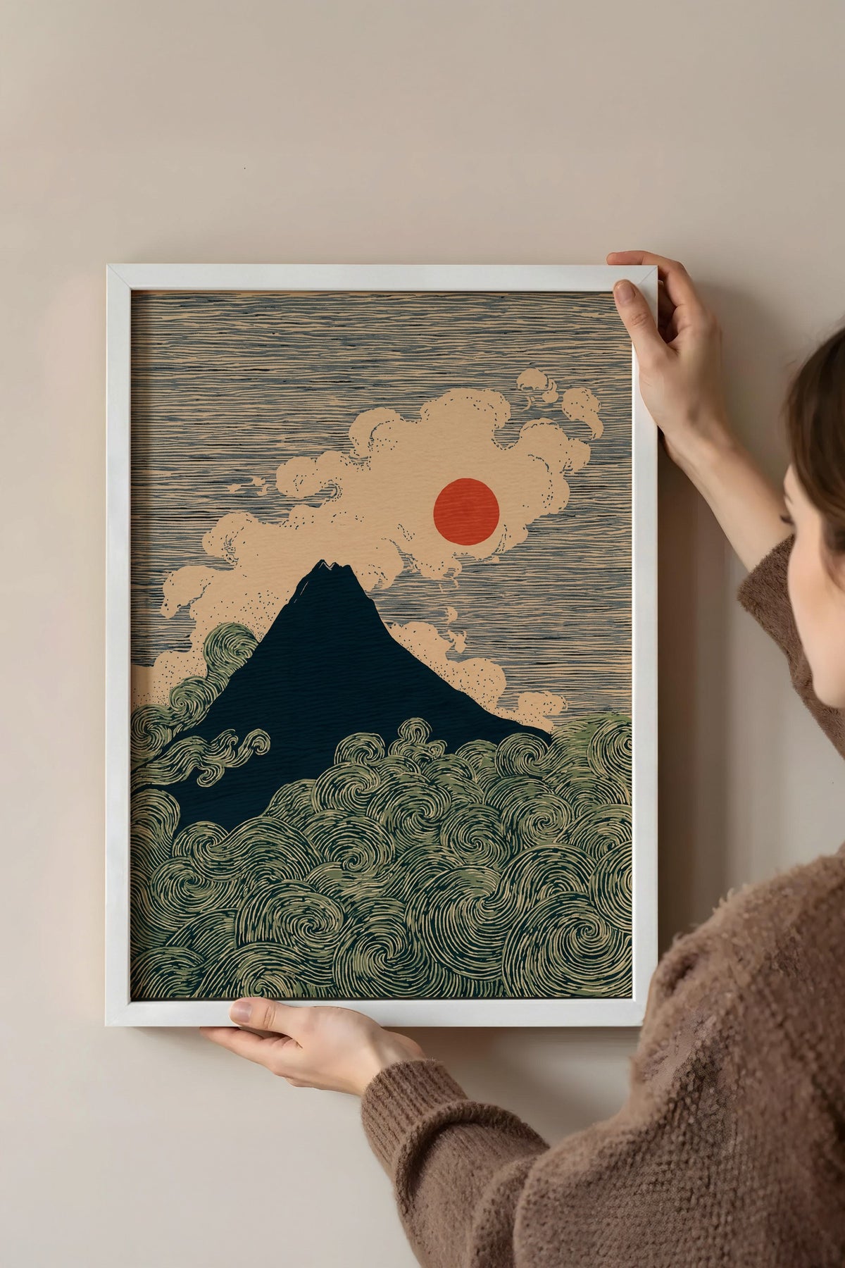 Fuji Dağı ve Dalgalar Poster – Beyaz Çerçeveli Tablo