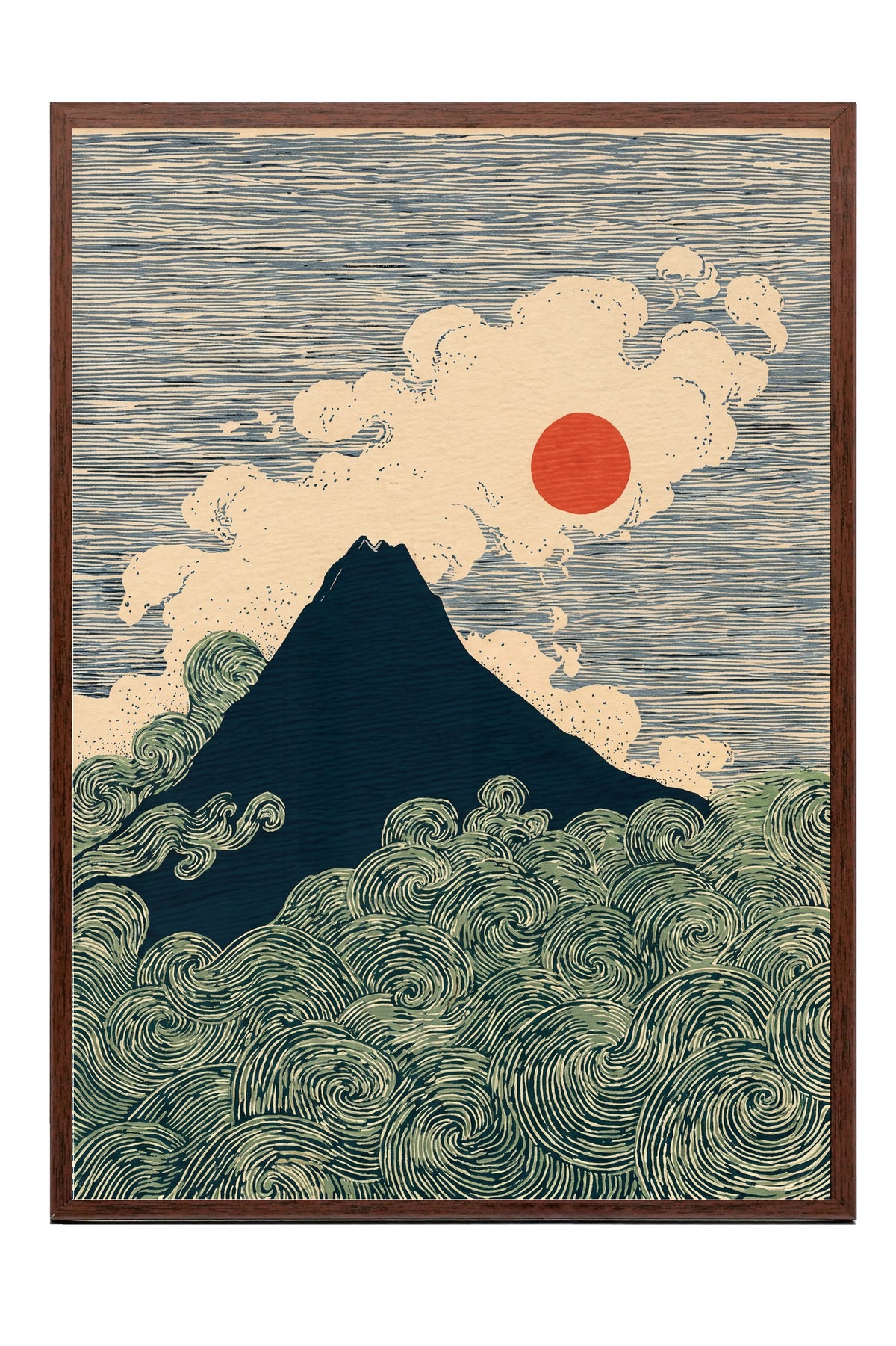 Fuji Dağı ve Dalgalar Poster – Kahverengi Çerçeveli Tablo