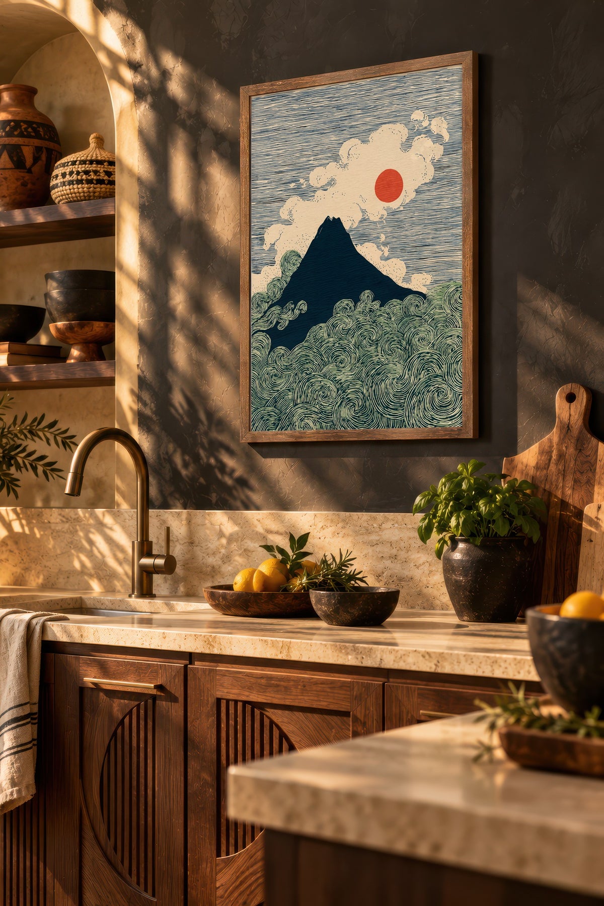 Fuji Dağı ve Dalgalar Poster – Kahverengi Çerçeveli Tablo