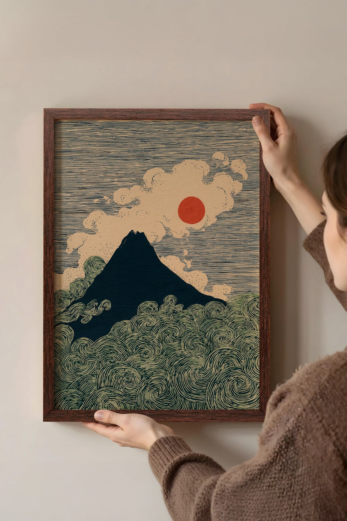 Fuji Dağı ve Dalgalar Poster – Kahverengi Çerçeveli Tablo