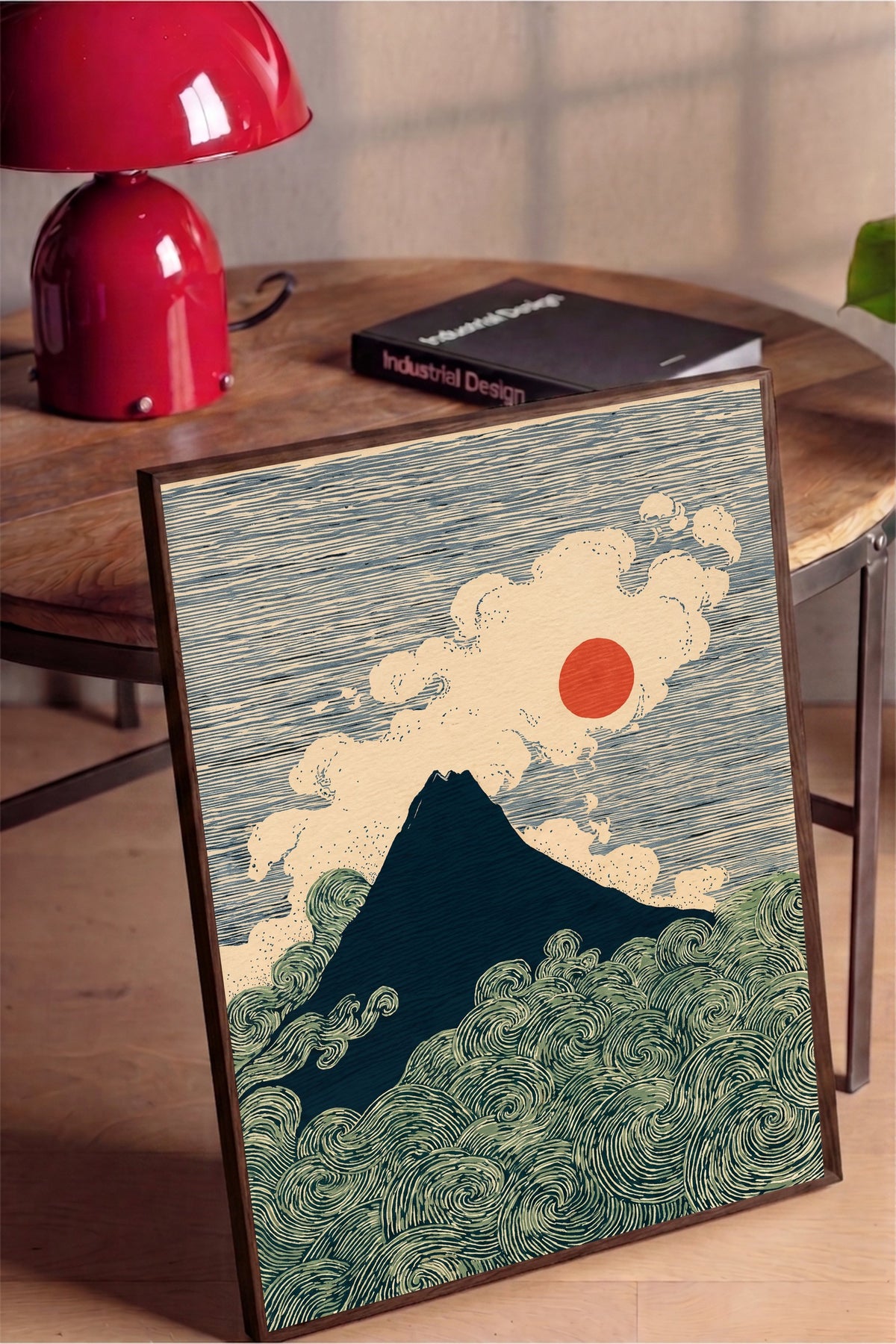 Fuji Dağı ve Dalgalar Poster – Kahverengi Çerçeveli Tablo