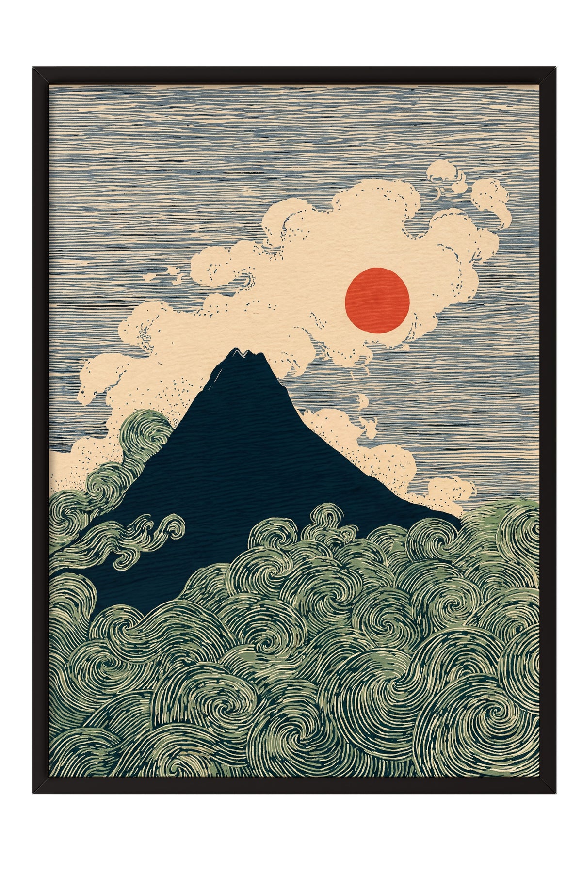 Fuji Dağı ve Dalgalar Poster – Siyah Çerçeveli Tablo