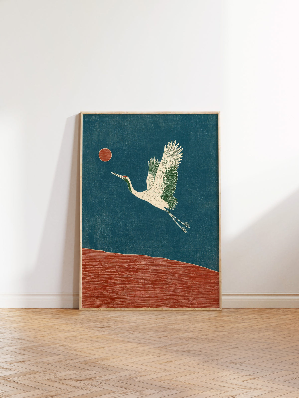 Turna Kuşu ve Kızıl Güneş Poster – Ahşap Çerçeveli Tablo