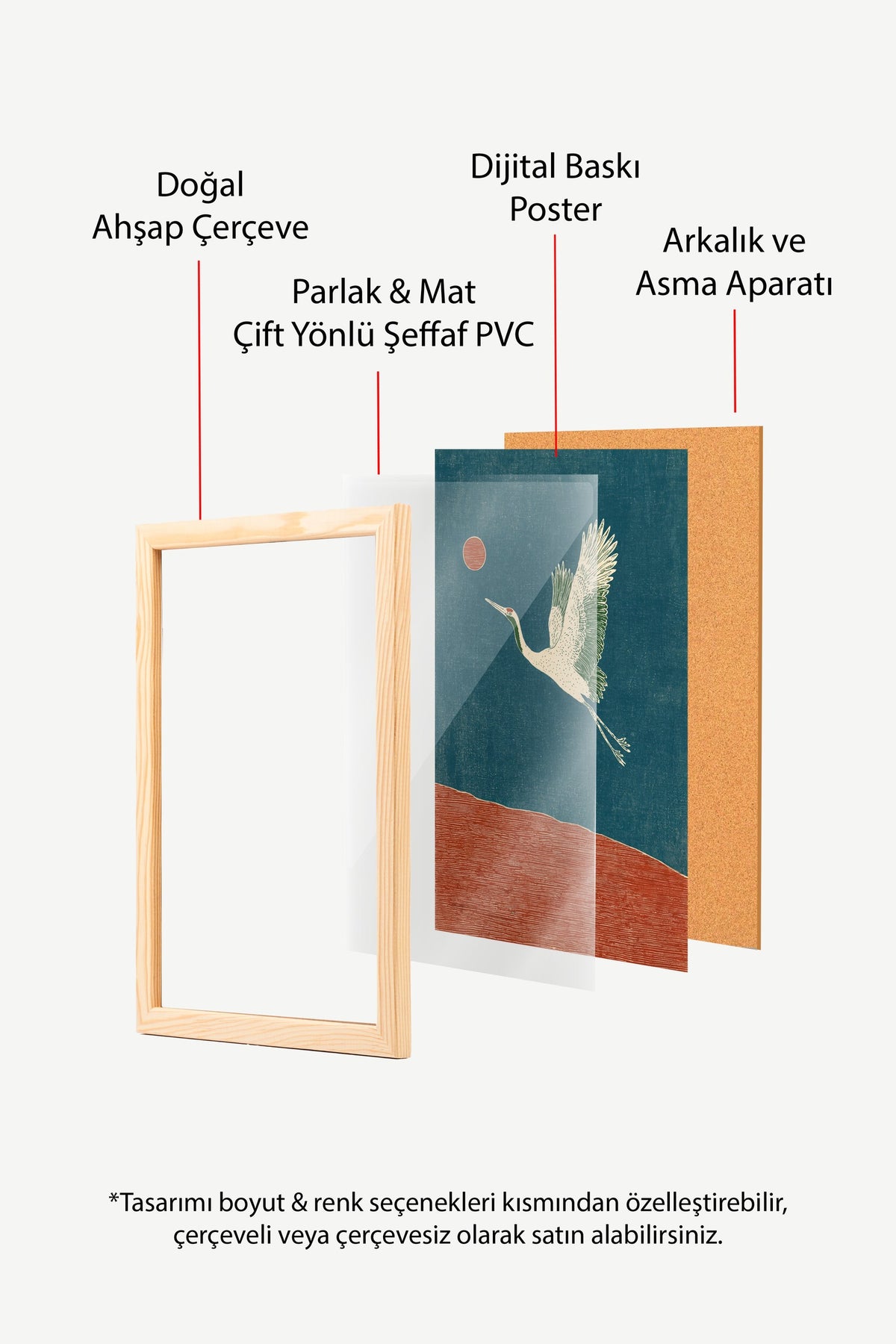 Turna Kuşu ve Kızıl Güneş Poster – Ahşap Çerçeveli Tablo