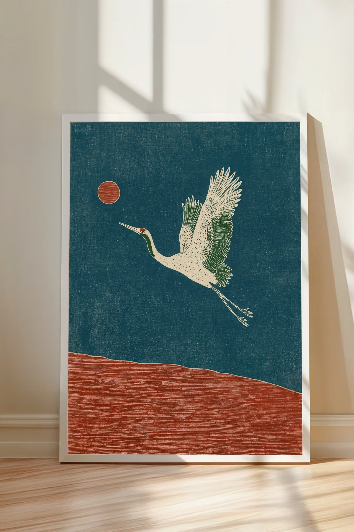 Turna Kuşu ve Kızıl Güneş Poster – Beyaz Çerçeveli Tablo