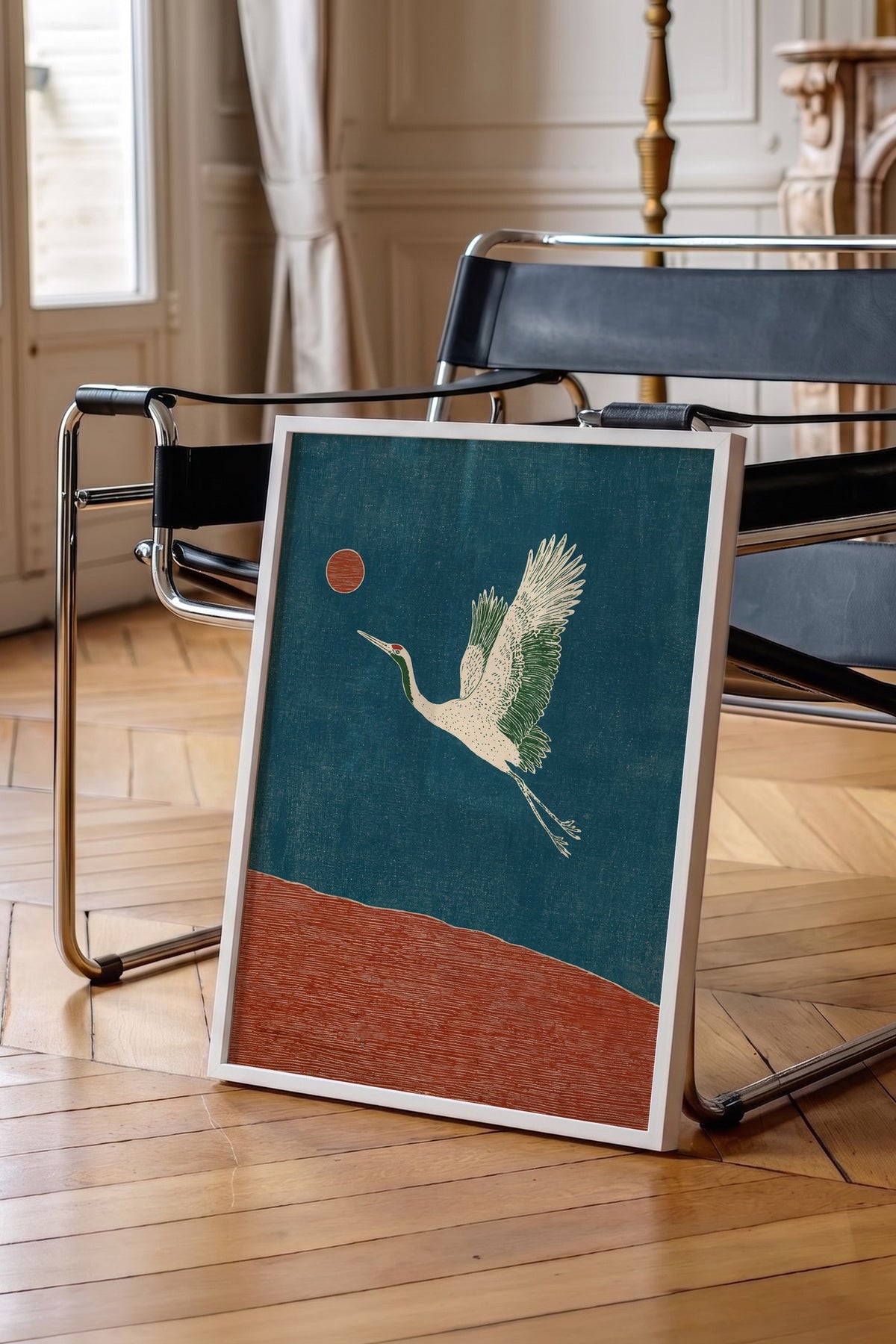 Turna Kuşu ve Kızıl Güneş Poster – Beyaz Çerçeveli Tablo