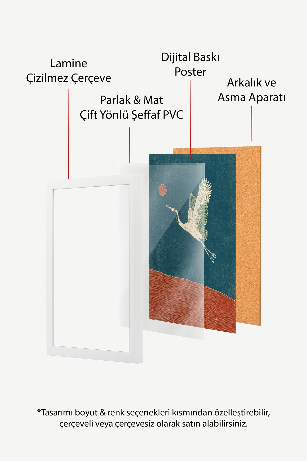 Turna Kuşu ve Kızıl Güneş Poster – Beyaz Çerçeveli Tablo