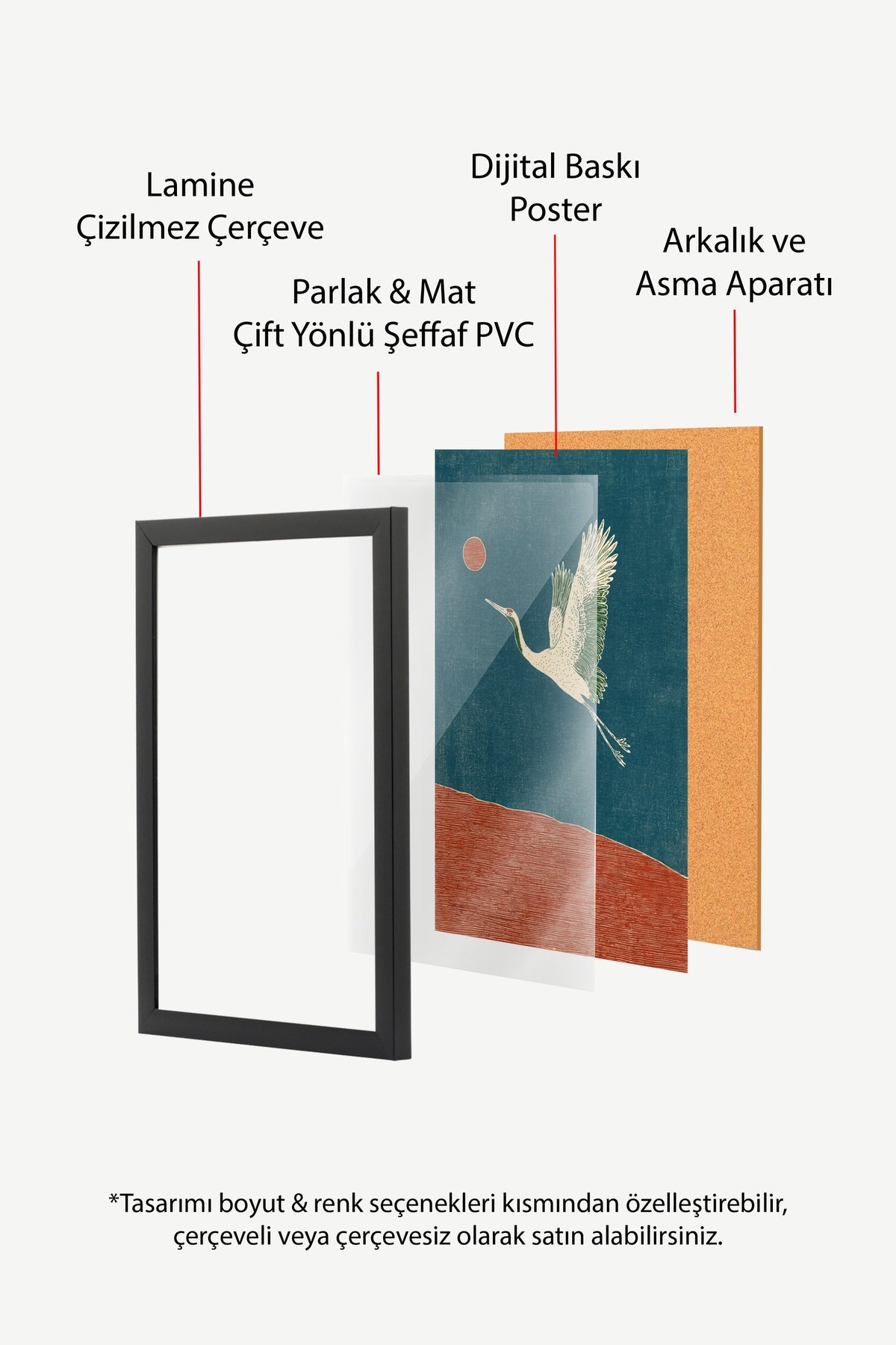Turna Kuşu ve Kızıl Güneş Poster – Siyah Çerçeveli Tablo