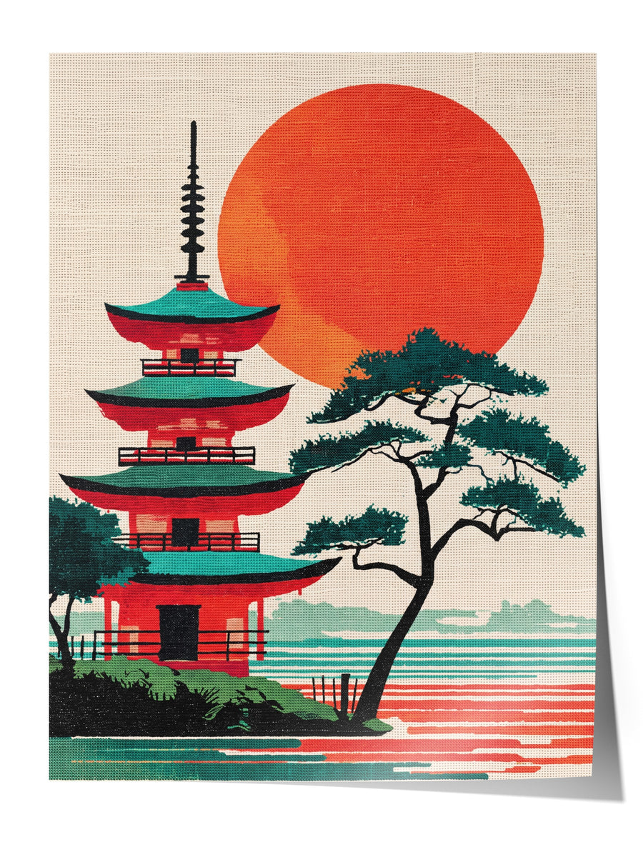 Kızıl Güneşli Pagoda Manzarası Çerçevesiz Poster