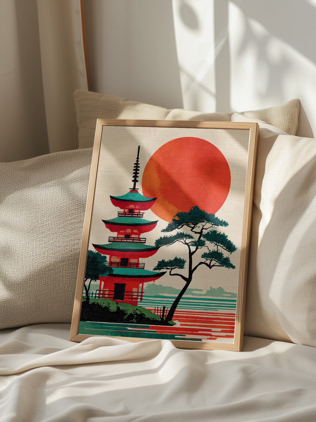 Kızıl Güneşli Pagoda Manzarası Poster – Ahşap Çerçeveli Tablo