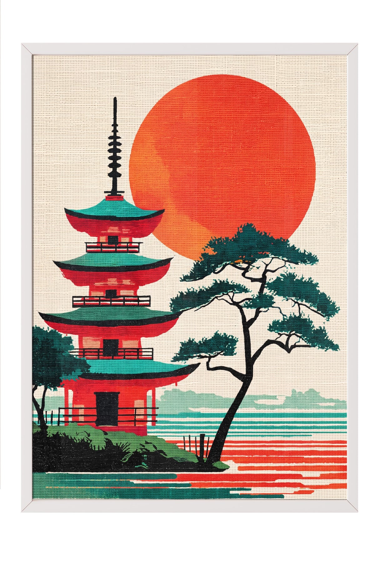 Kızıl Güneşli Pagoda Manzarası Poster – Beyaz Çerçeveli Tablo
