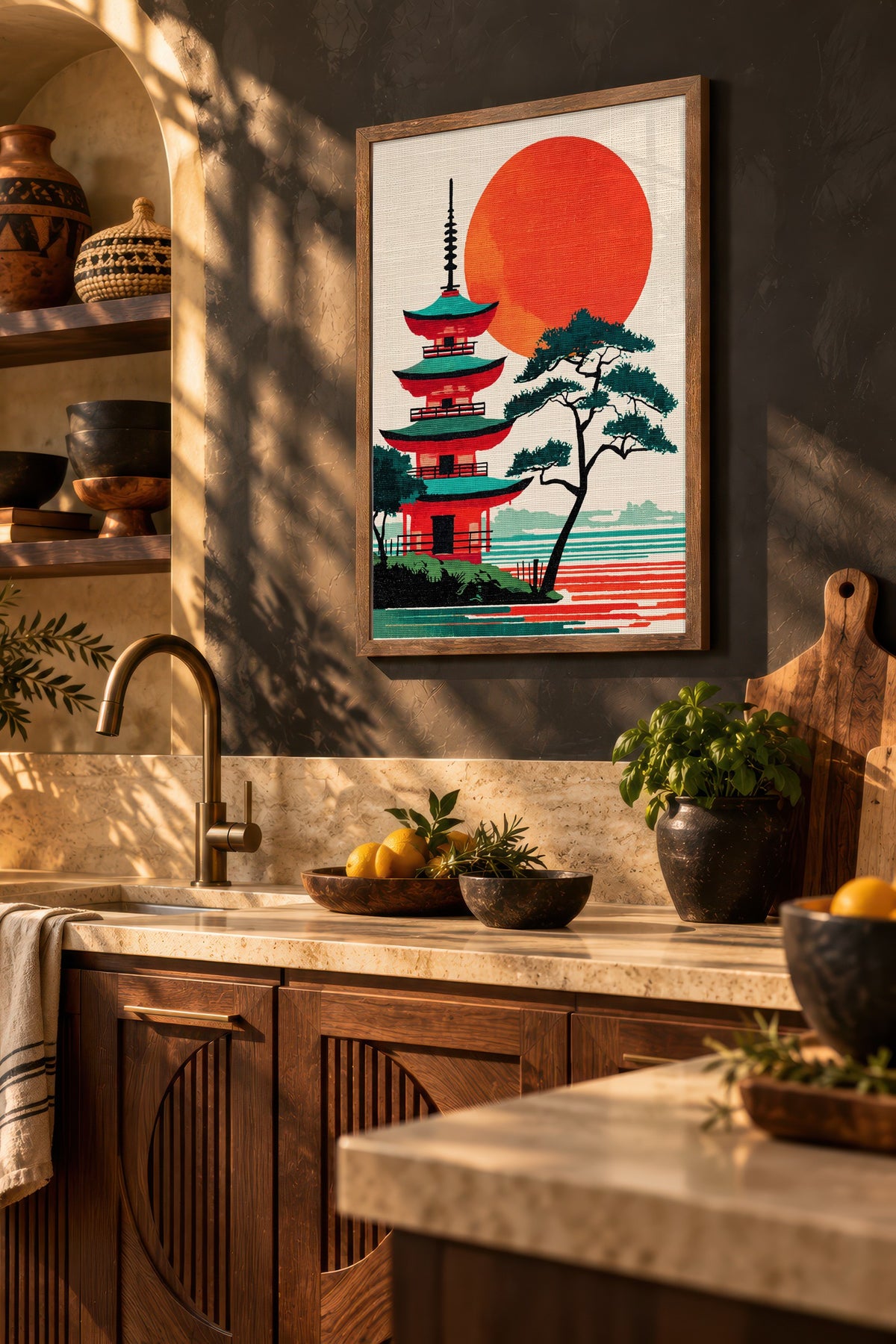 Kızıl Güneşli Pagoda Manzarası Poster – Kahverengi Çerçeveli Tablo