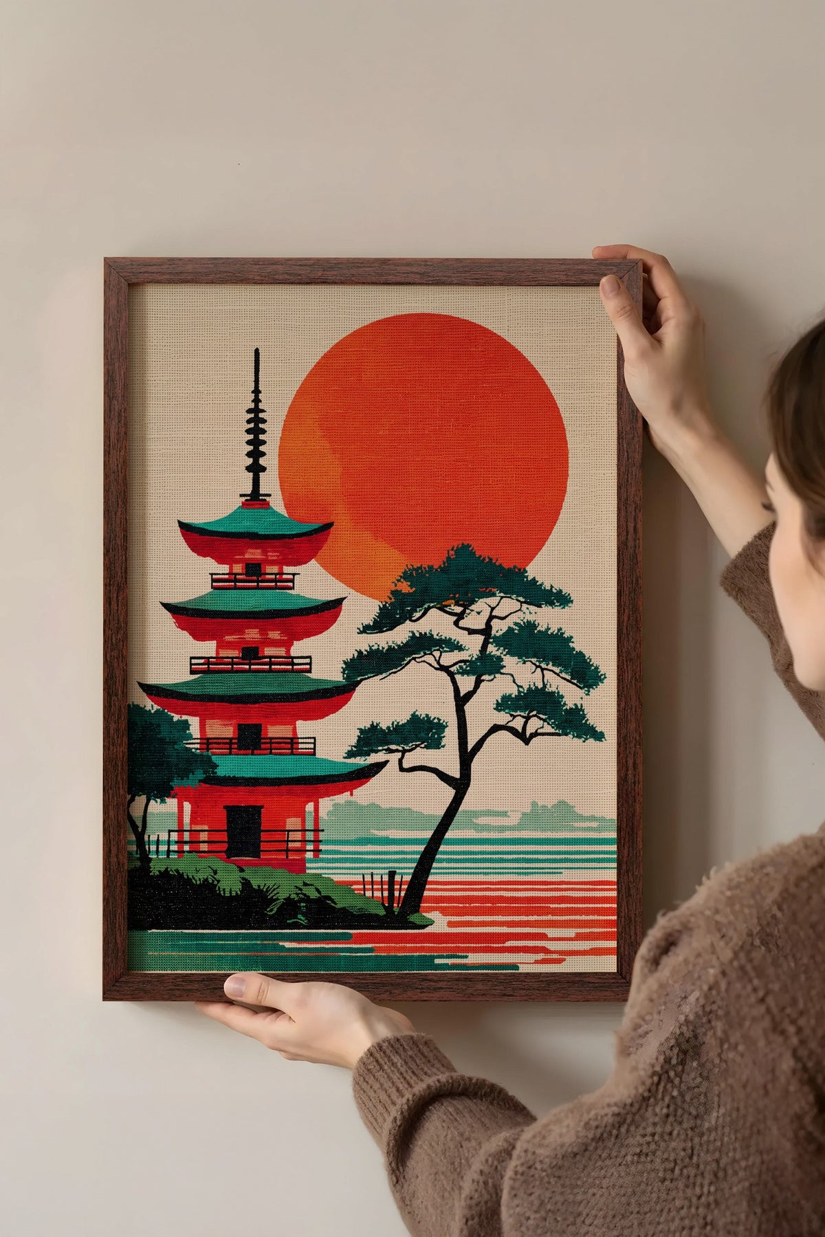 Kızıl Güneşli Pagoda Manzarası Poster – Kahverengi Çerçeveli Tablo