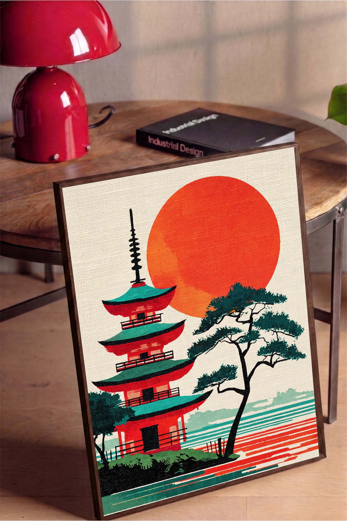 Kızıl Güneşli Pagoda Manzarası Poster – Kahverengi Çerçeveli Tablo