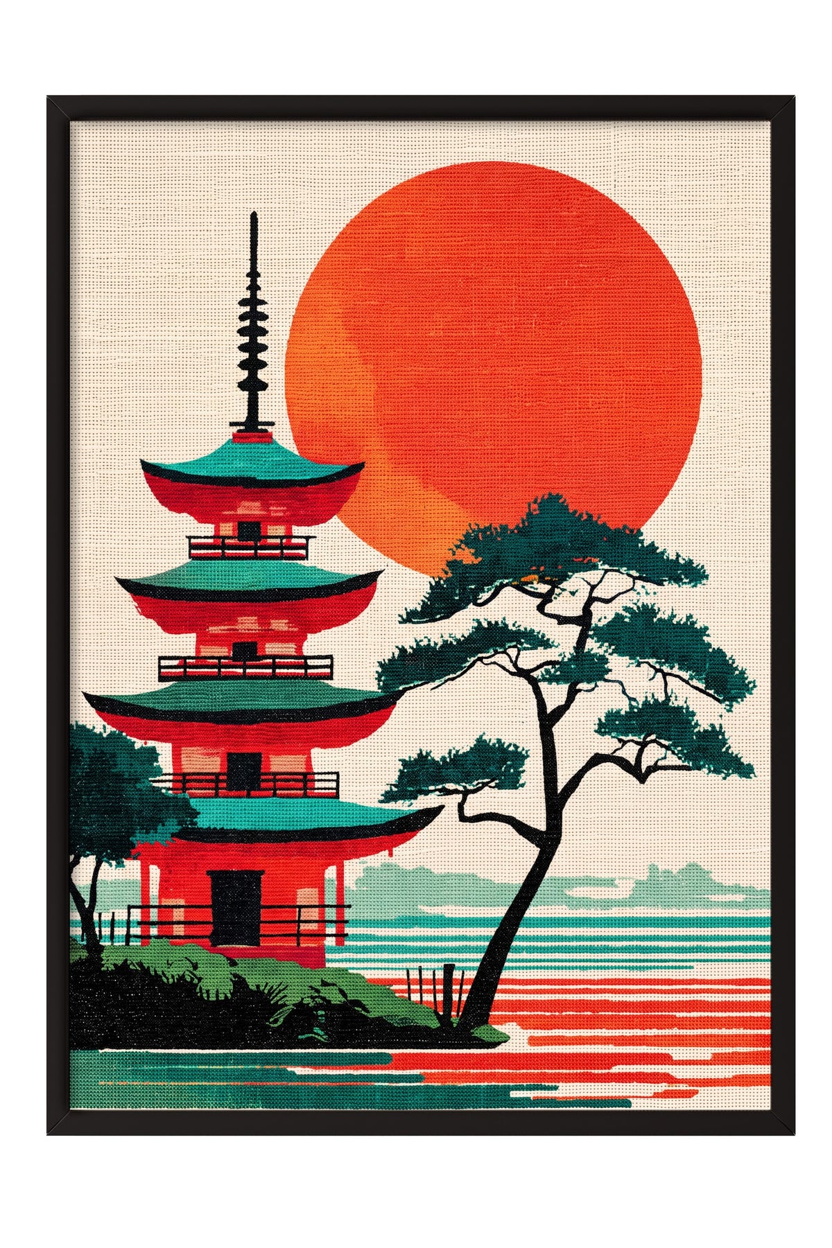 Kızıl Güneşli Pagoda Manzarası Poster – Siyah Çerçeveli Tablo