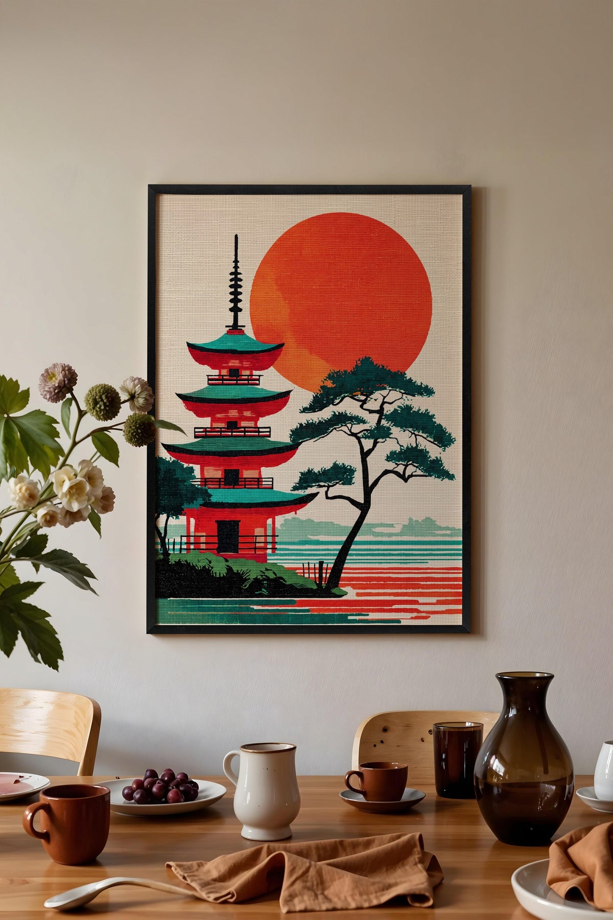 Kızıl Güneşli Pagoda Manzarası Poster – Siyah Çerçeveli Tablo