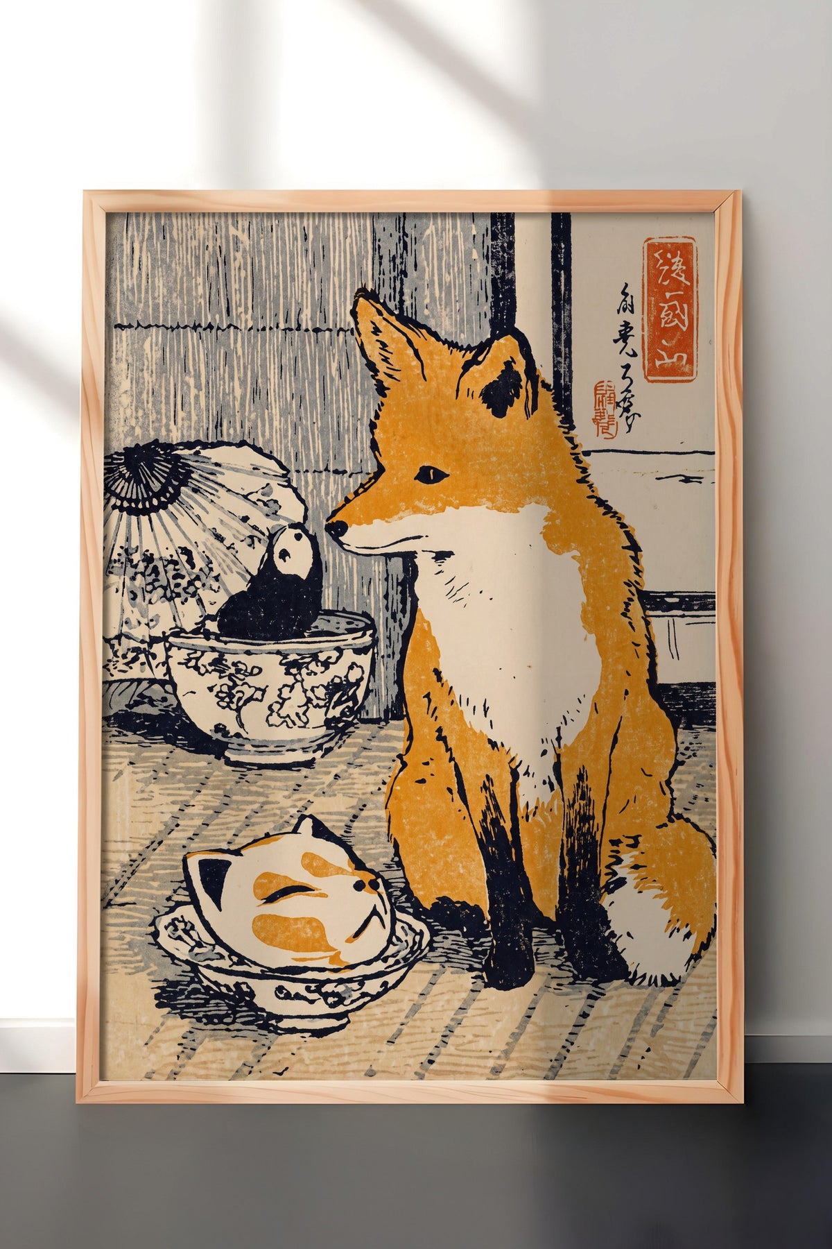 Tilki ve Panda Bebek Figürü Poster – Ahşap Çerçeveli Tablo