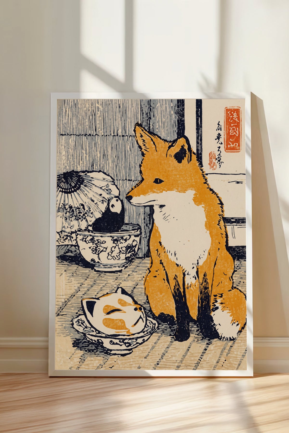 Tilki ve Panda Bebek Figürü Poster – Beyaz Çerçeveli Tablo