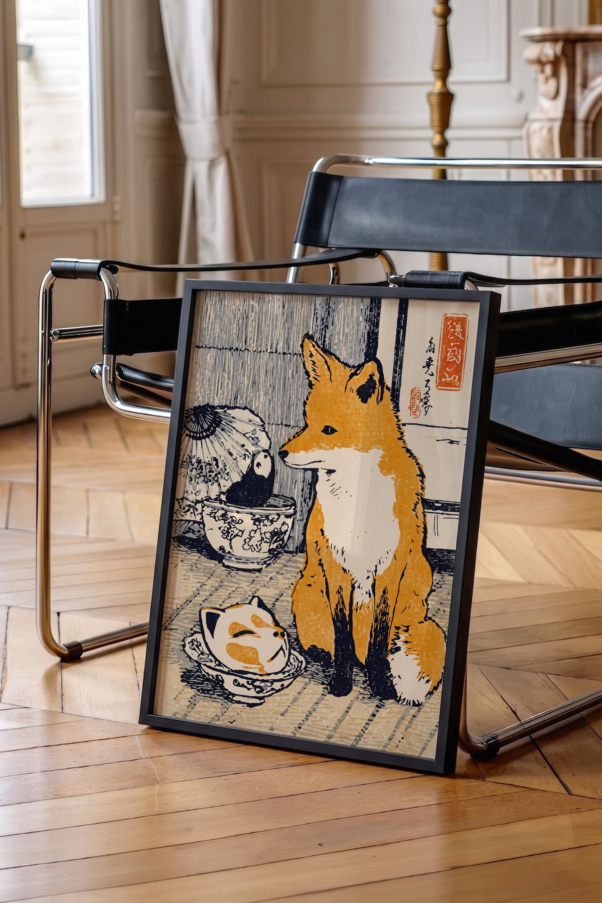Tilki ve Panda Bebek Figürü Poster – Siyah Çerçeveli Tablo