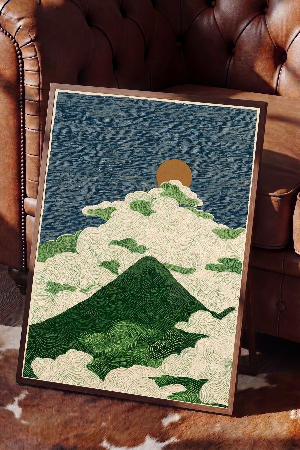 Bulutlar Üzerinde Dağ ve Güneş Poster – Kahverengi Çerçeveli Tablo