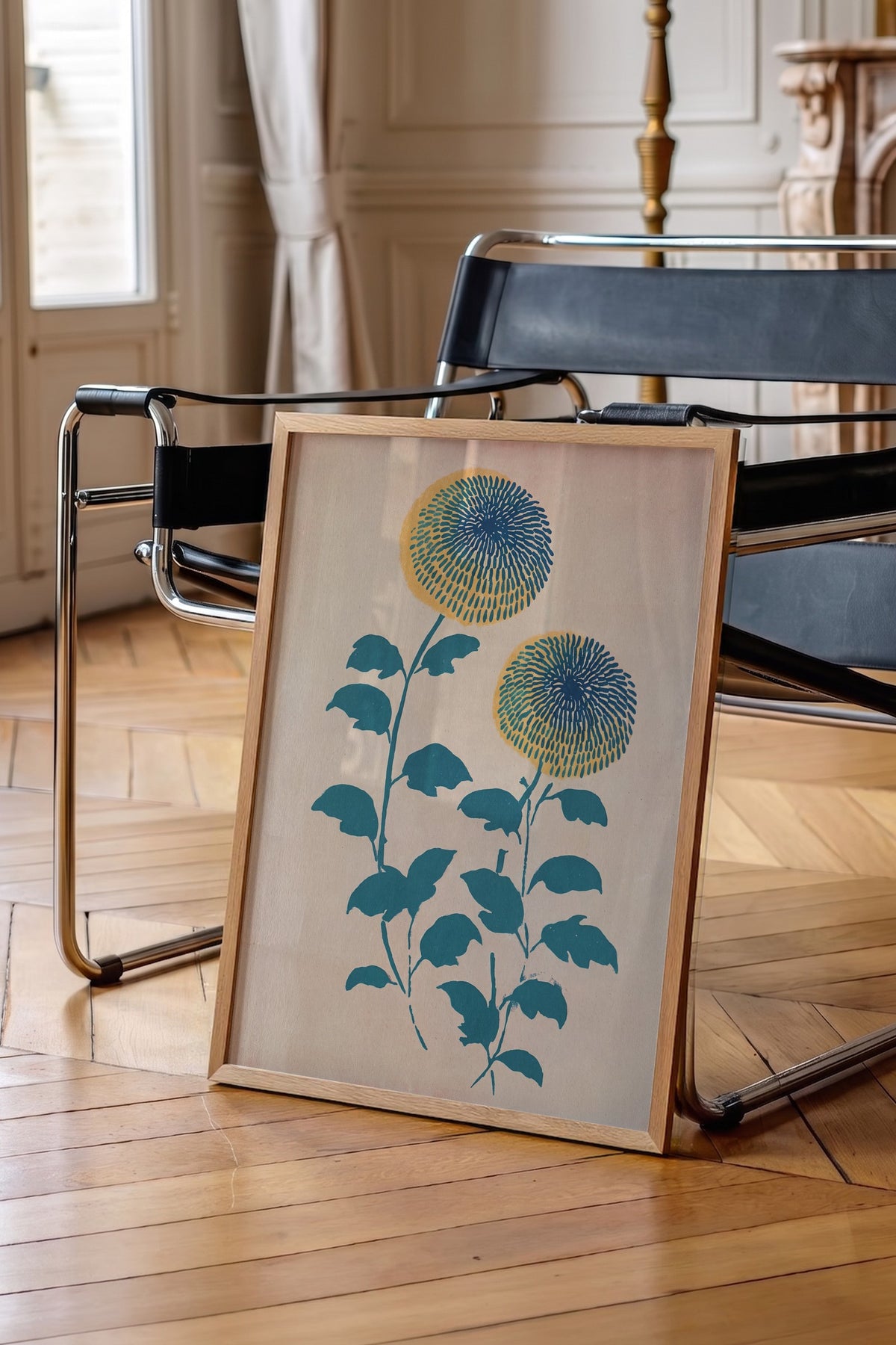 Mavi Sarı Papatya Çiçekleri Poster – Ahşap Çerçeveli Tablo