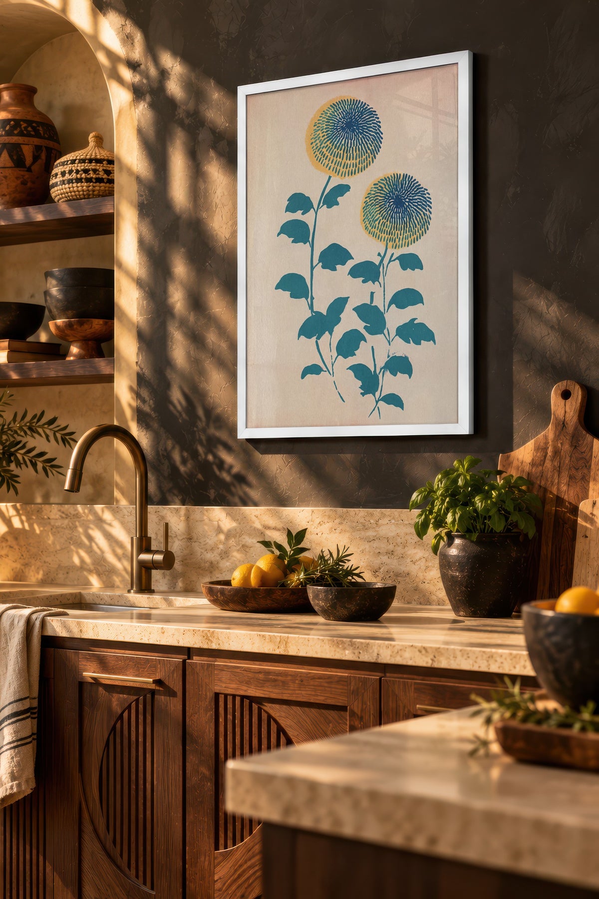 Mavi Sarı Papatya Çiçekleri Poster – Beyaz Çerçeveli Tablo