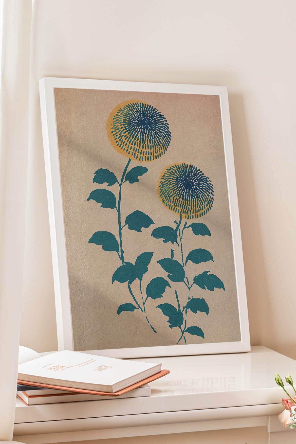 Mavi Sarı Papatya Çiçekleri Poster – Beyaz Çerçeveli Tablo