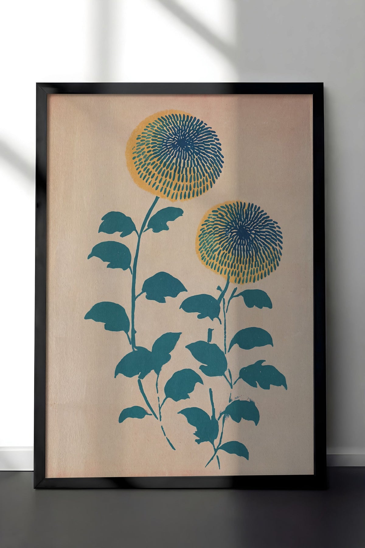 Mavi Sarı Papatya Çiçekleri Poster – Siyah Çerçeveli Tablo