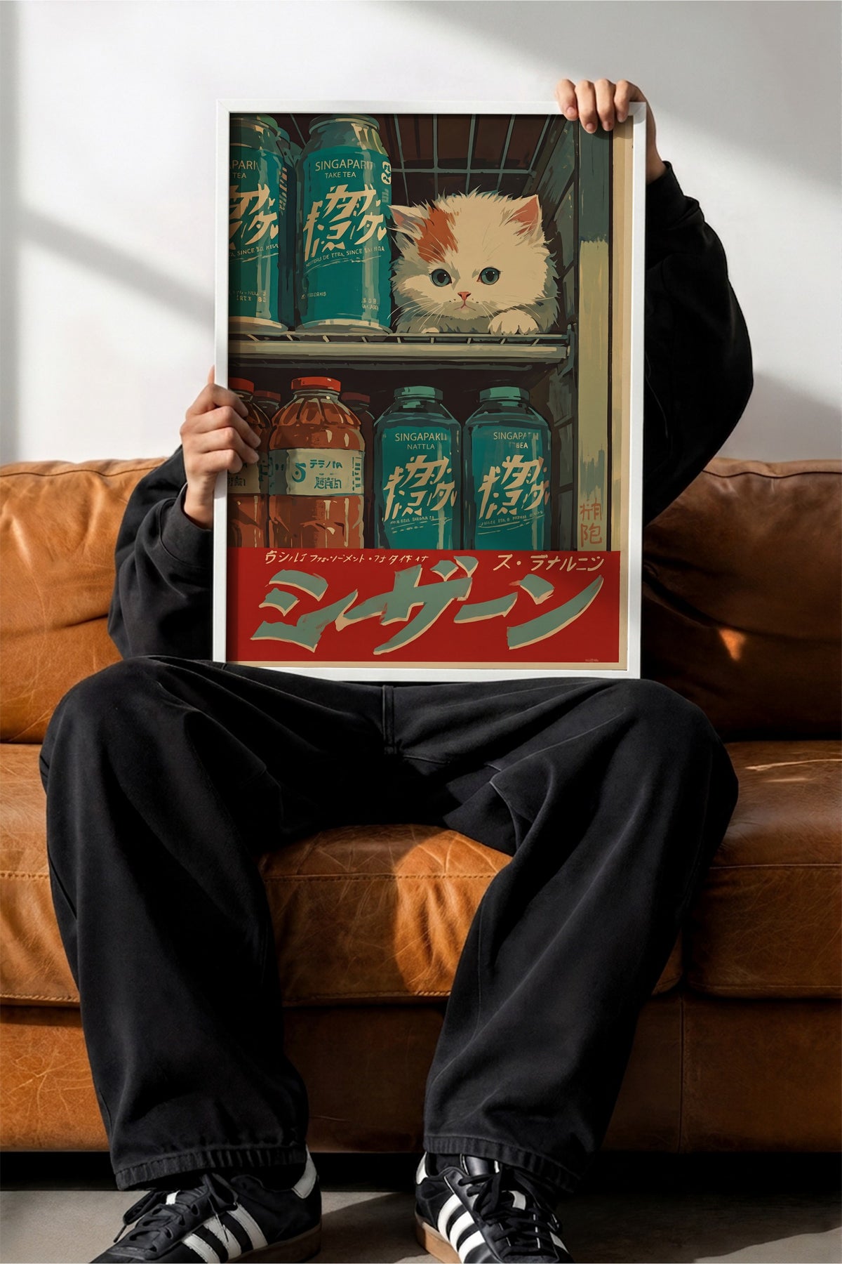 Buzdolabında Meraklı Kedicik Poster – Beyaz Çerçeveli Tablo