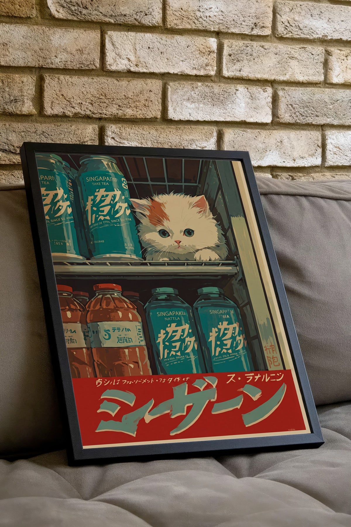 Buzdolabında Meraklı Kedicik Poster – Siyah Çerçeveli Tablo