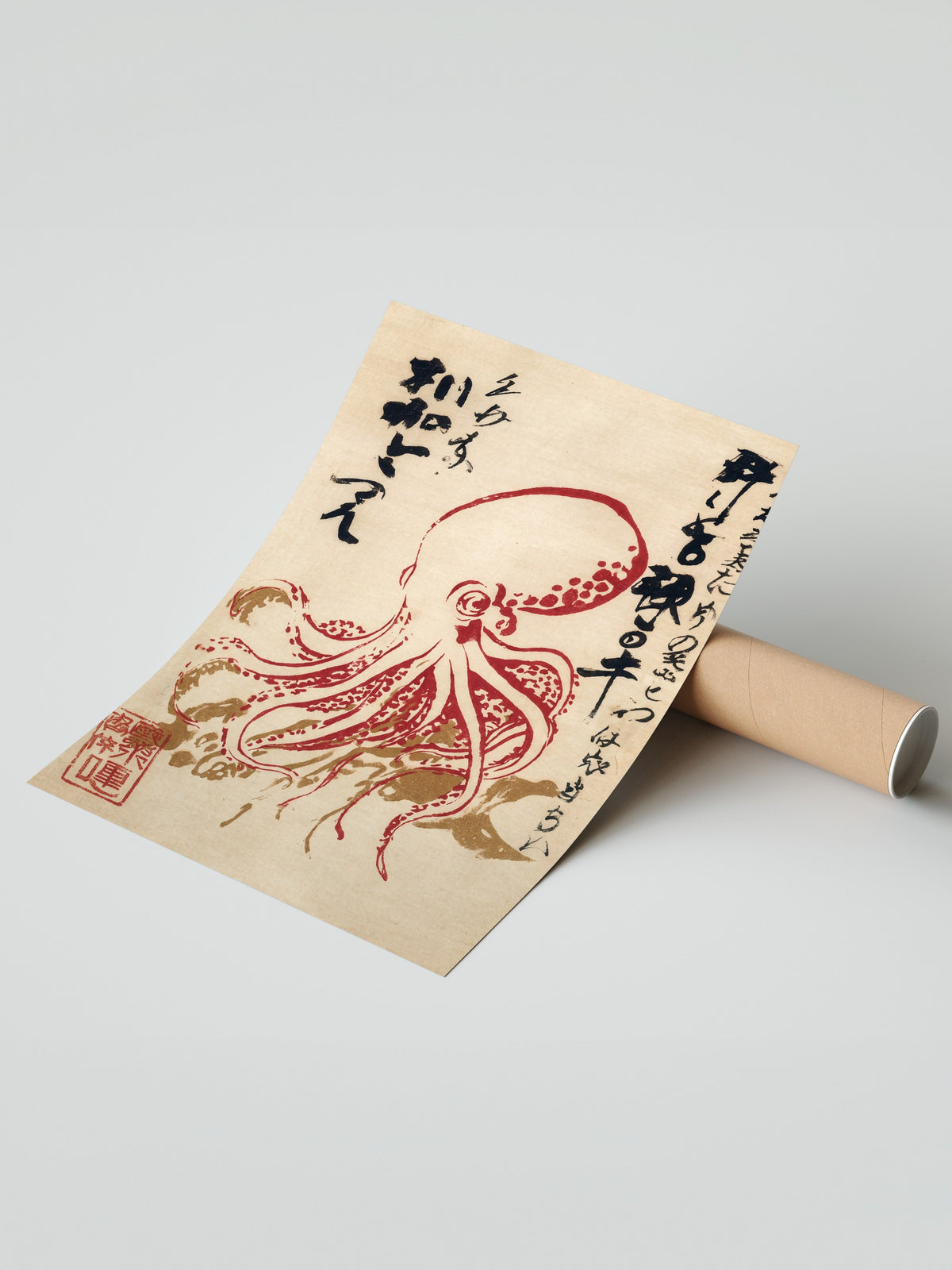 Ahtapot ve Japon Kaligrafisi Çerçevesiz Poster