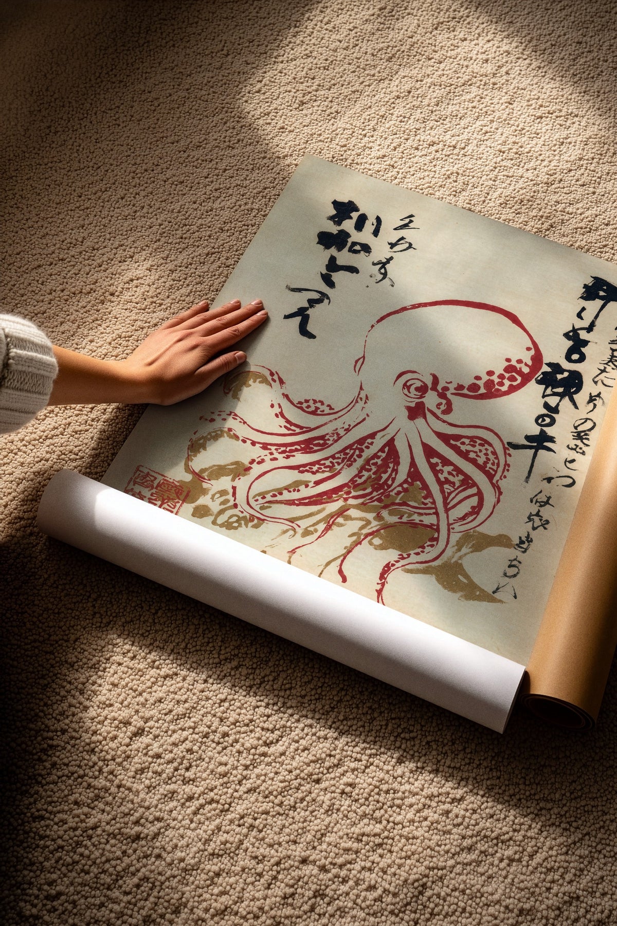 Ahtapot ve Japon Kaligrafisi Çerçevesiz Poster