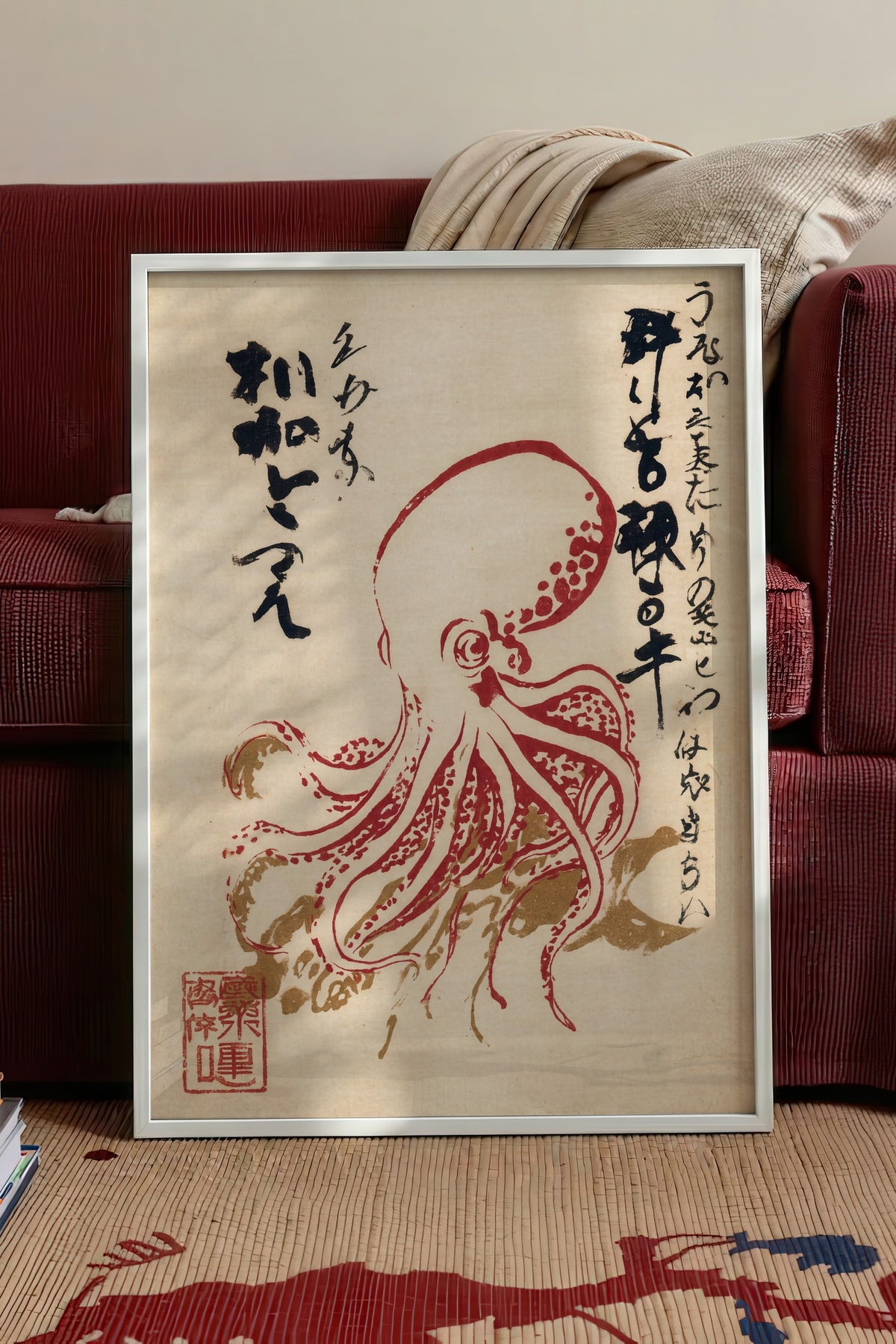 Ahtapot ve Japon Kaligrafisi Poster – Beyaz Çerçeveli Tablo