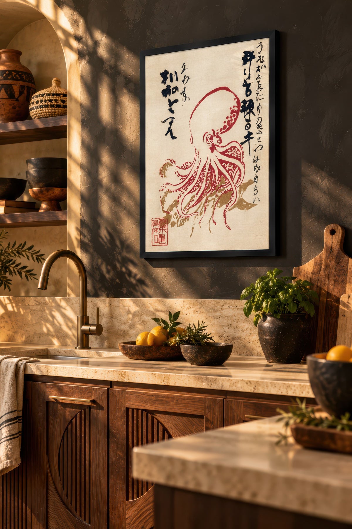 Ahtapot ve Japon Kaligrafisi Poster – Siyah Çerçeveli Tablo