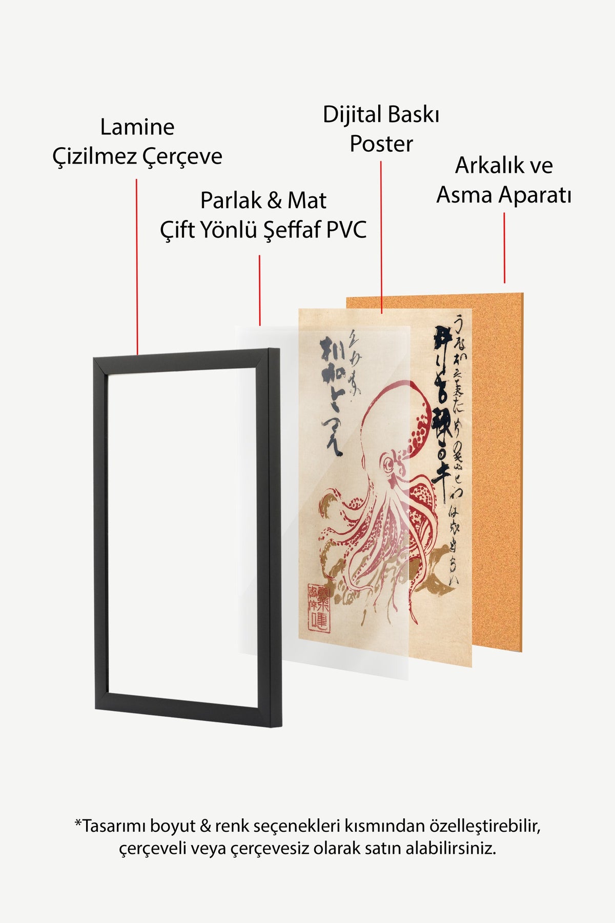 Ahtapot ve Japon Kaligrafisi Poster – Siyah Çerçeveli Tablo