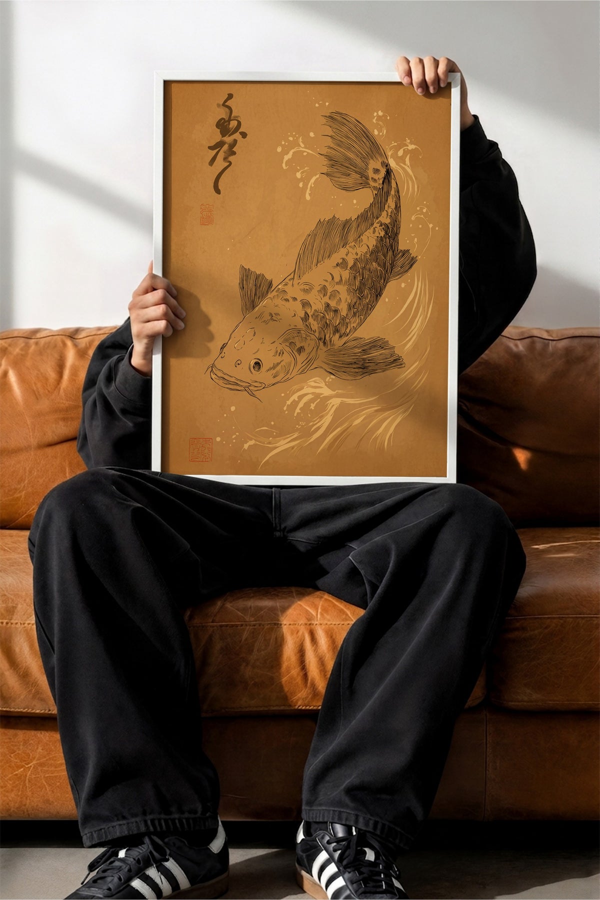 Sepya Koi Balığı Suluboya İllüstrasyonu Poster – Beyaz Çerçeveli Tablo