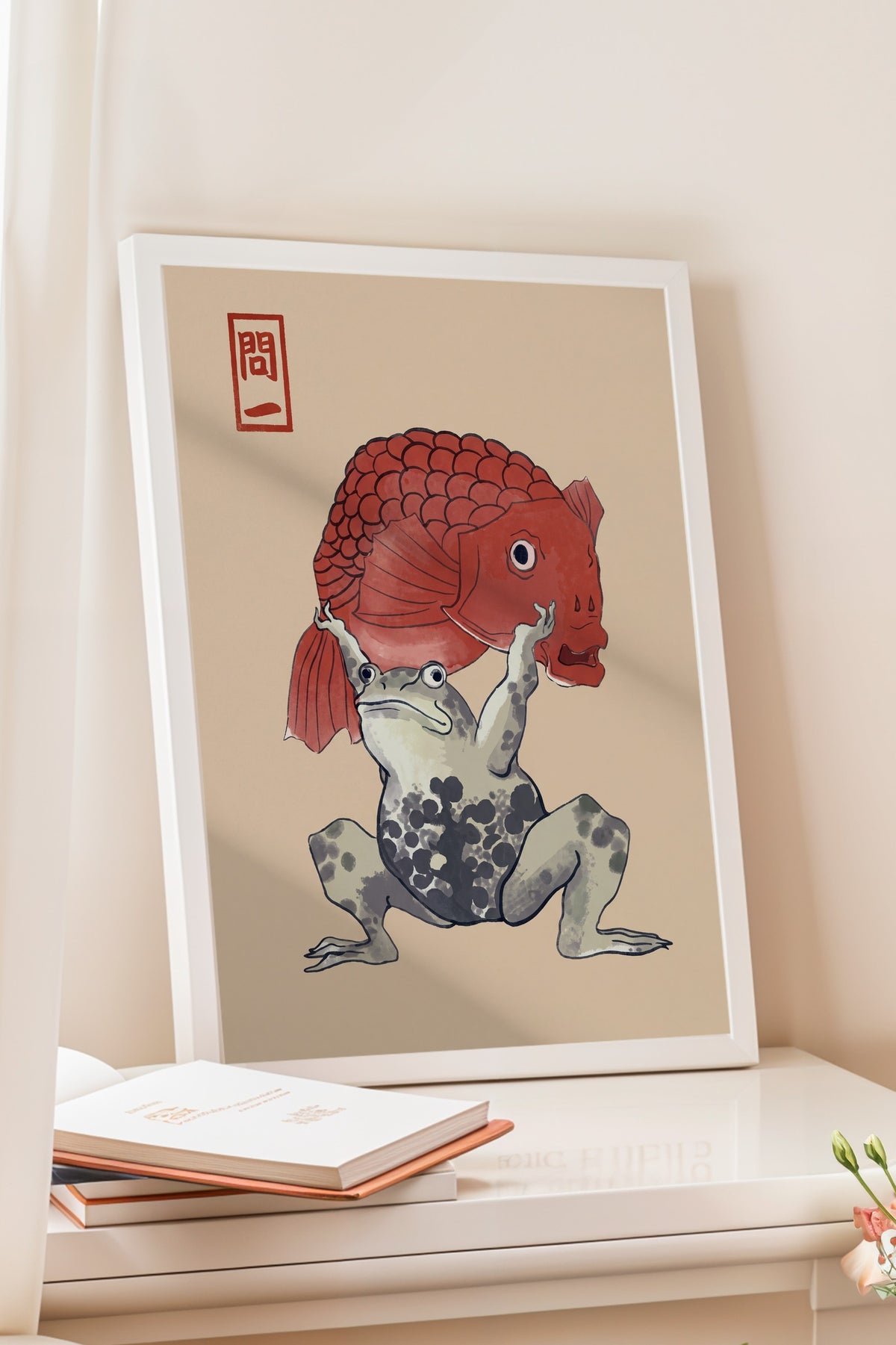 Kurbağa ve Japon Balığı Poster – Beyaz Çerçeveli Tablo