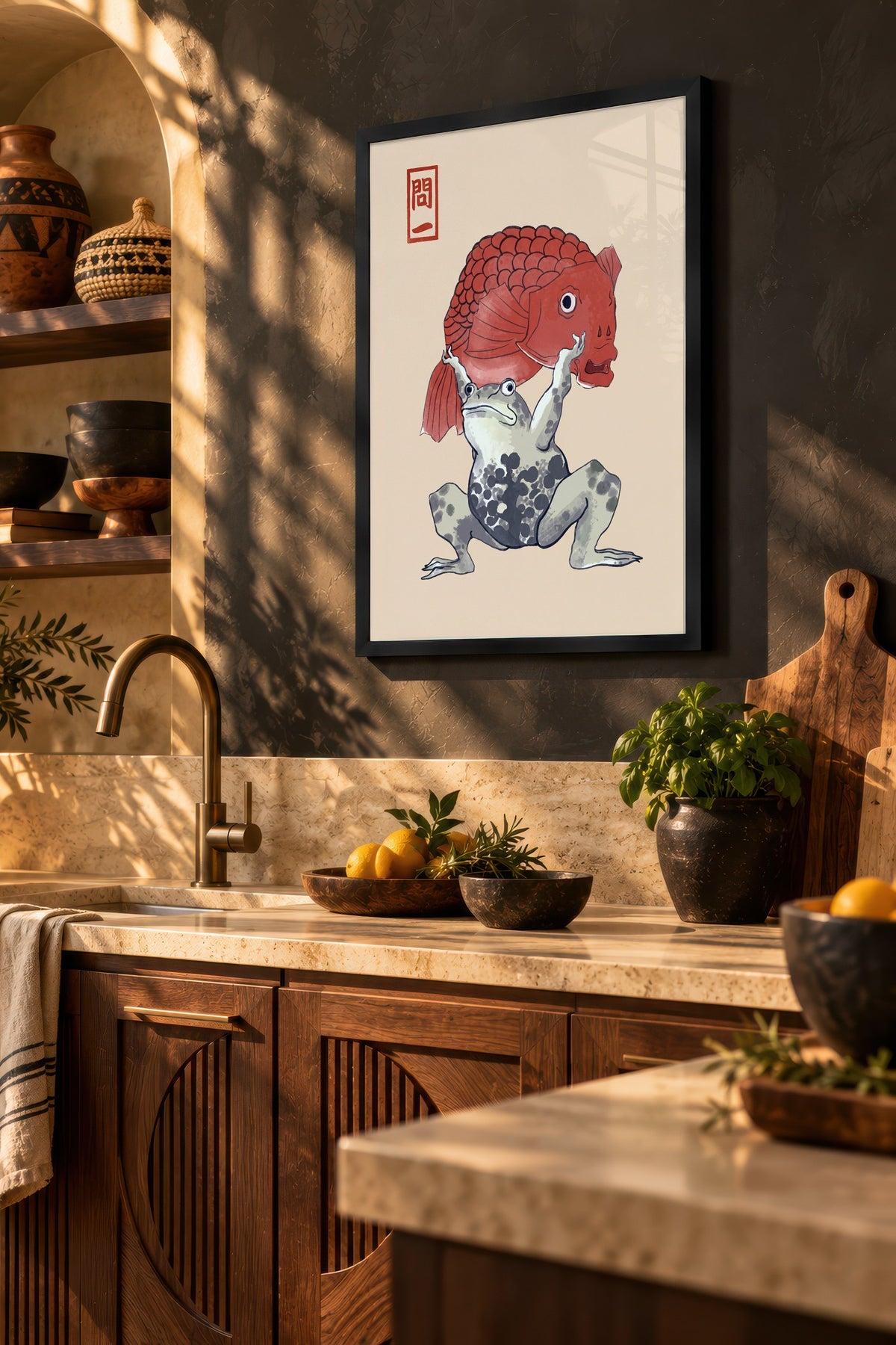 Kurbağa ve Japon Balığı Poster – Siyah Çerçeveli Tablo